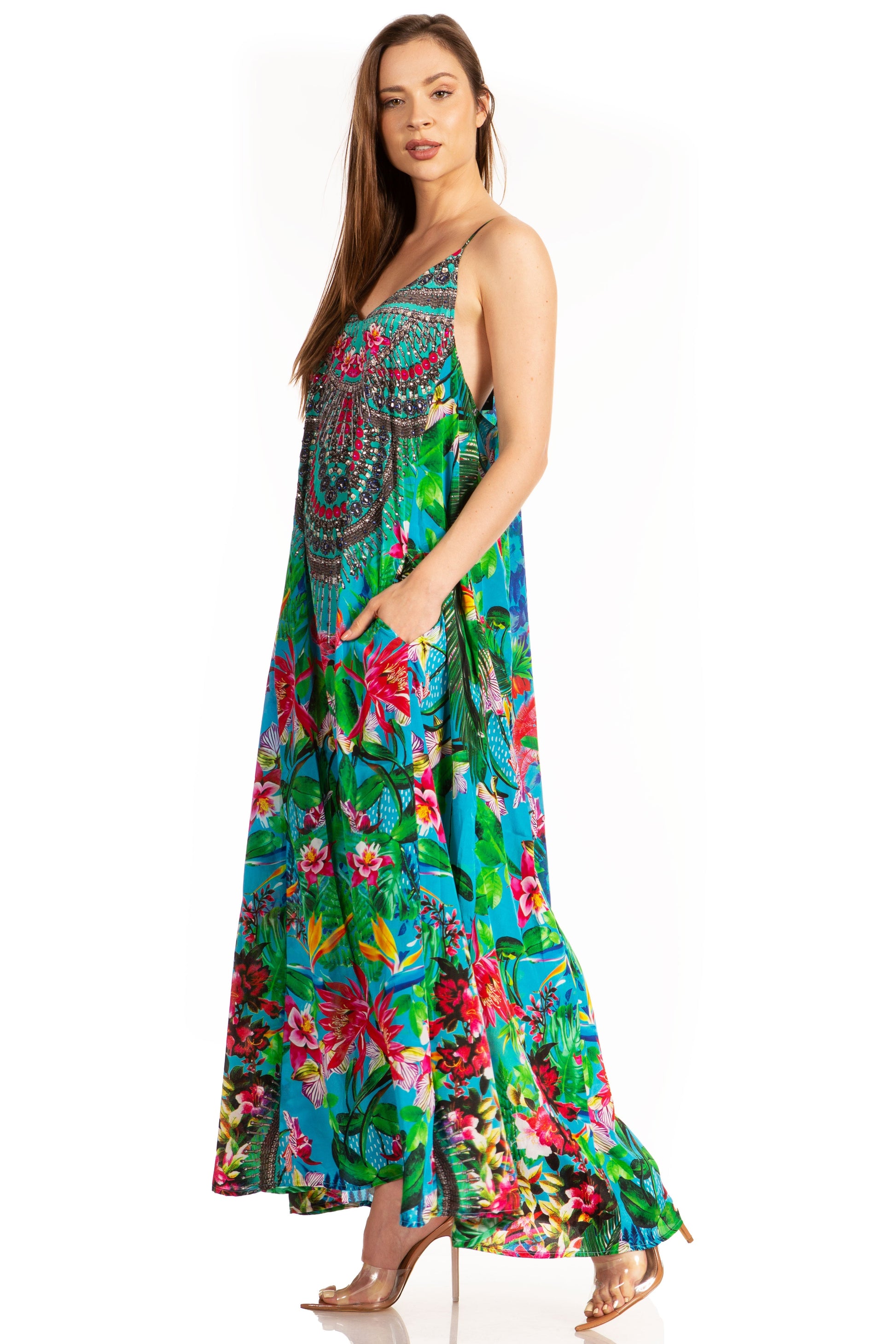 Sakkas Sofia Women's Spaghetti Strap V-neck Floral Print Summer Casual Maxi Dress - Concordia Style Boutique