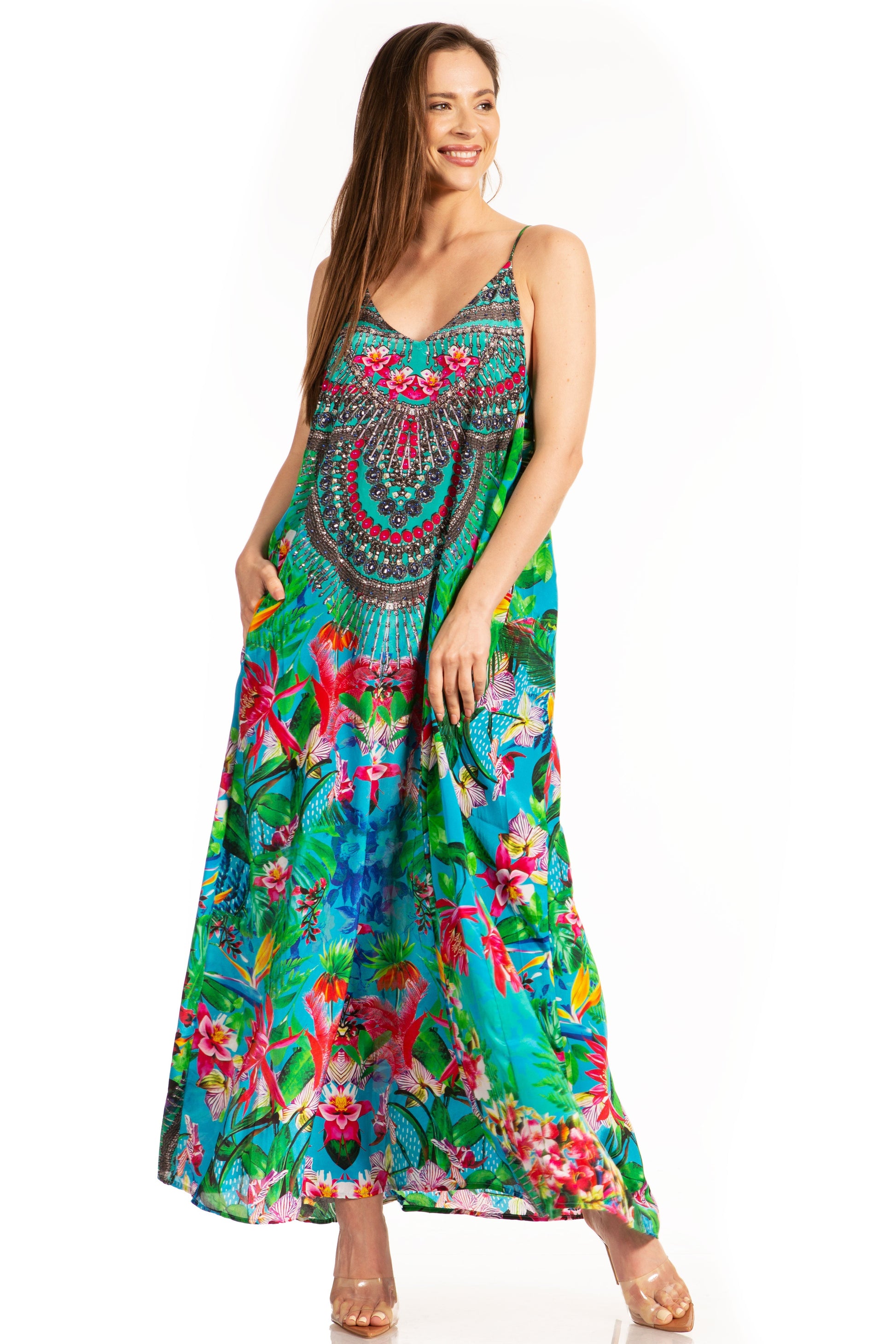 Sakkas Sofia Women's Spaghetti Strap V-neck Floral Print Summer Casual Maxi Dress - Concordia Style Boutique