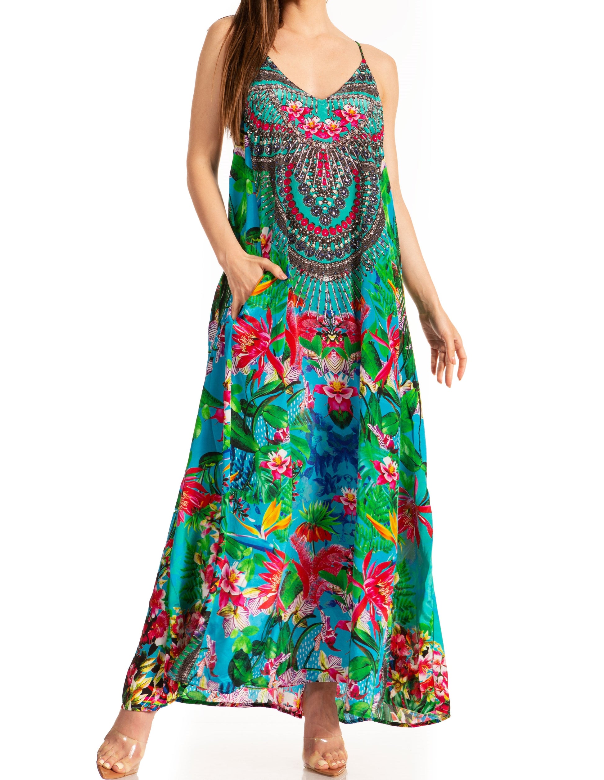 Sakkas Sofia Women's Spaghetti Strap V-neck Floral Print Summer Casual Maxi Dress - Concordia Style Boutique