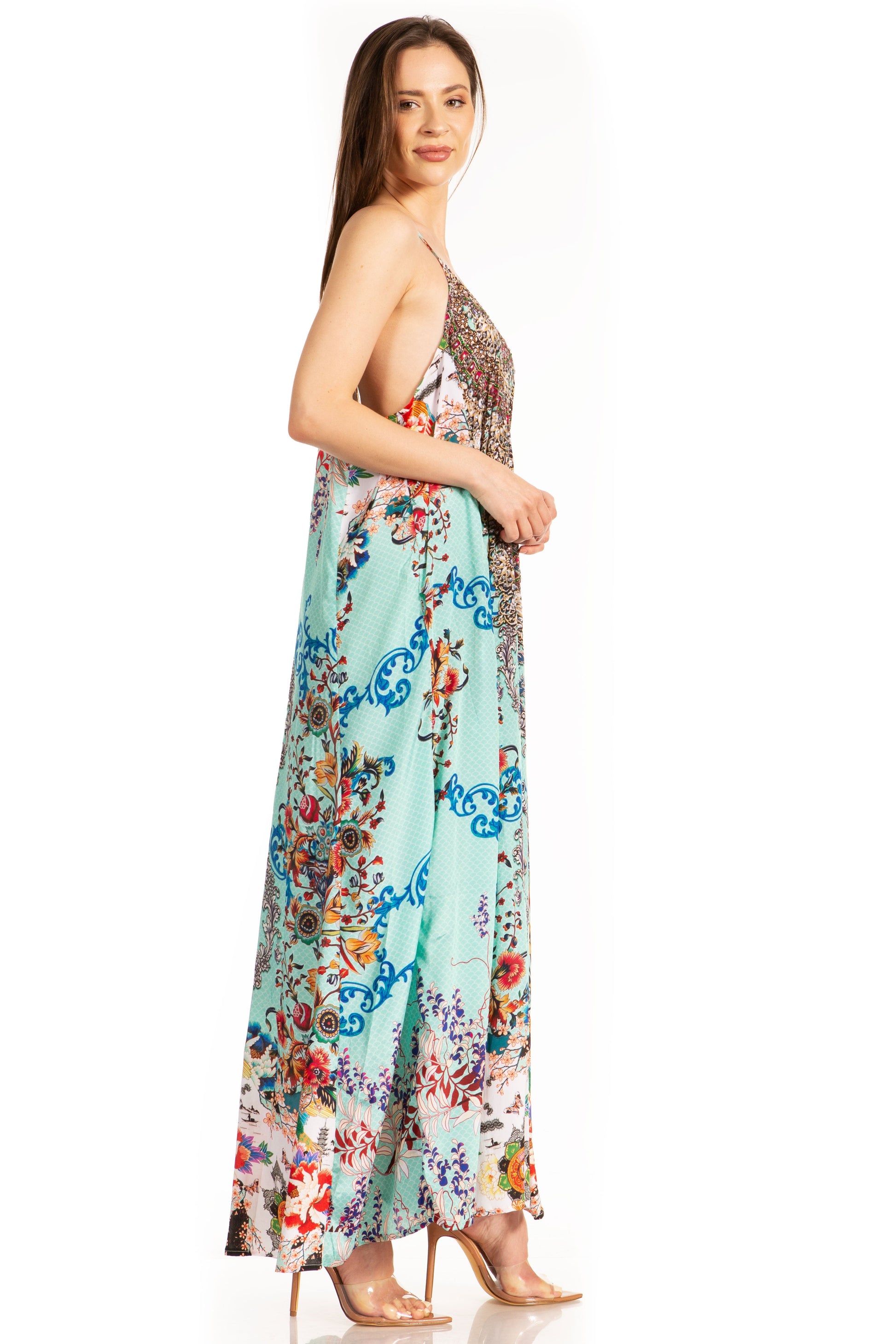 Sakkas Sofia Women's Spaghetti Strap V-neck Floral Print Summer Casual Maxi Dress - Concordia Style Boutique