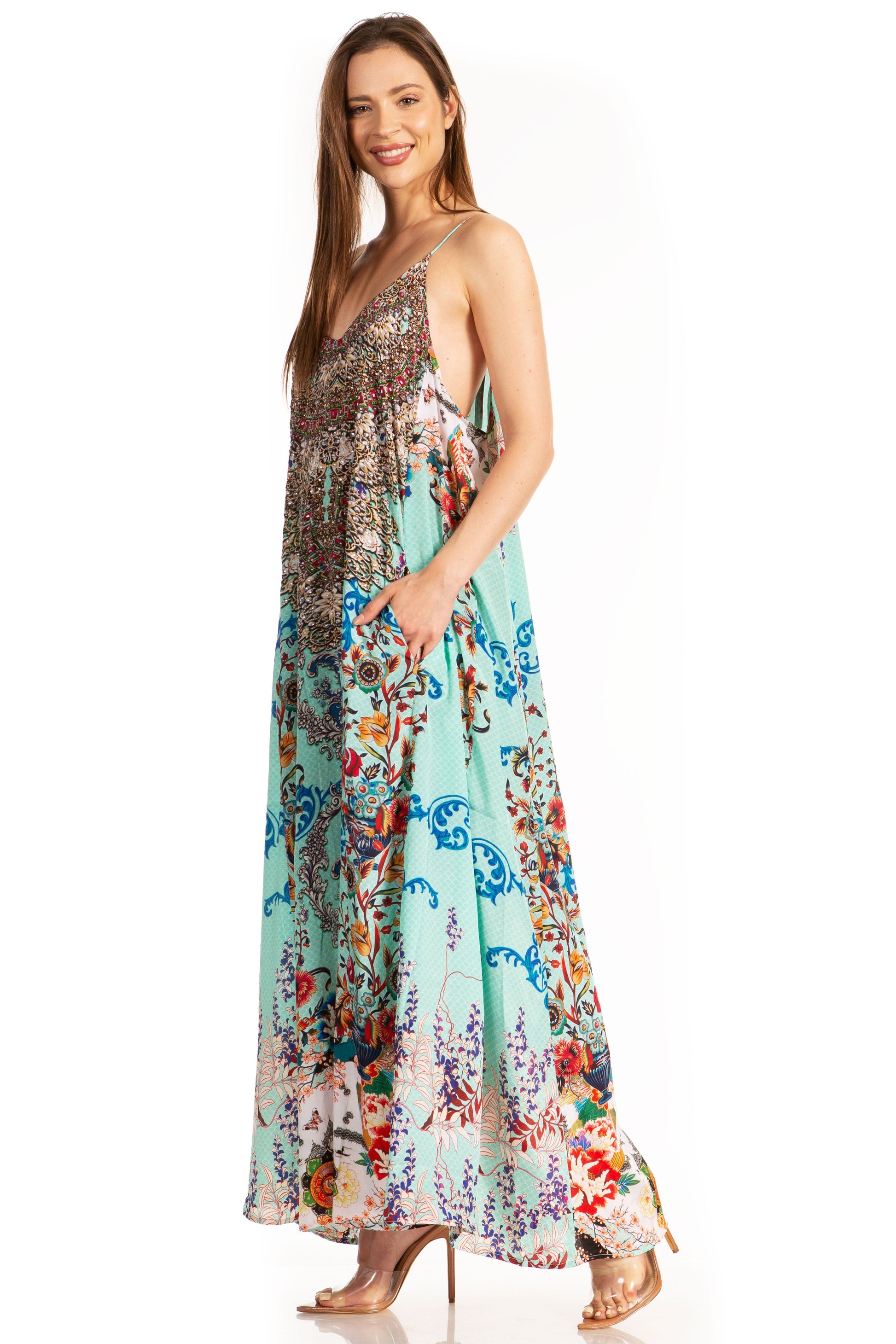 Sakkas Sofia Women's Spaghetti Strap V-neck Floral Print Summer Casual Maxi Dress - Concordia Style Boutique