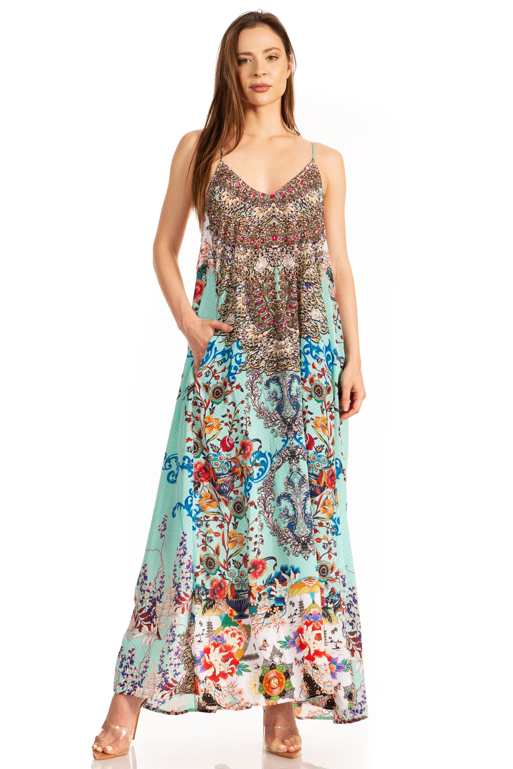 Sakkas Sofia Women's Spaghetti Strap V-neck Floral Print Summer Casual Maxi Dress - Concordia Style Boutique