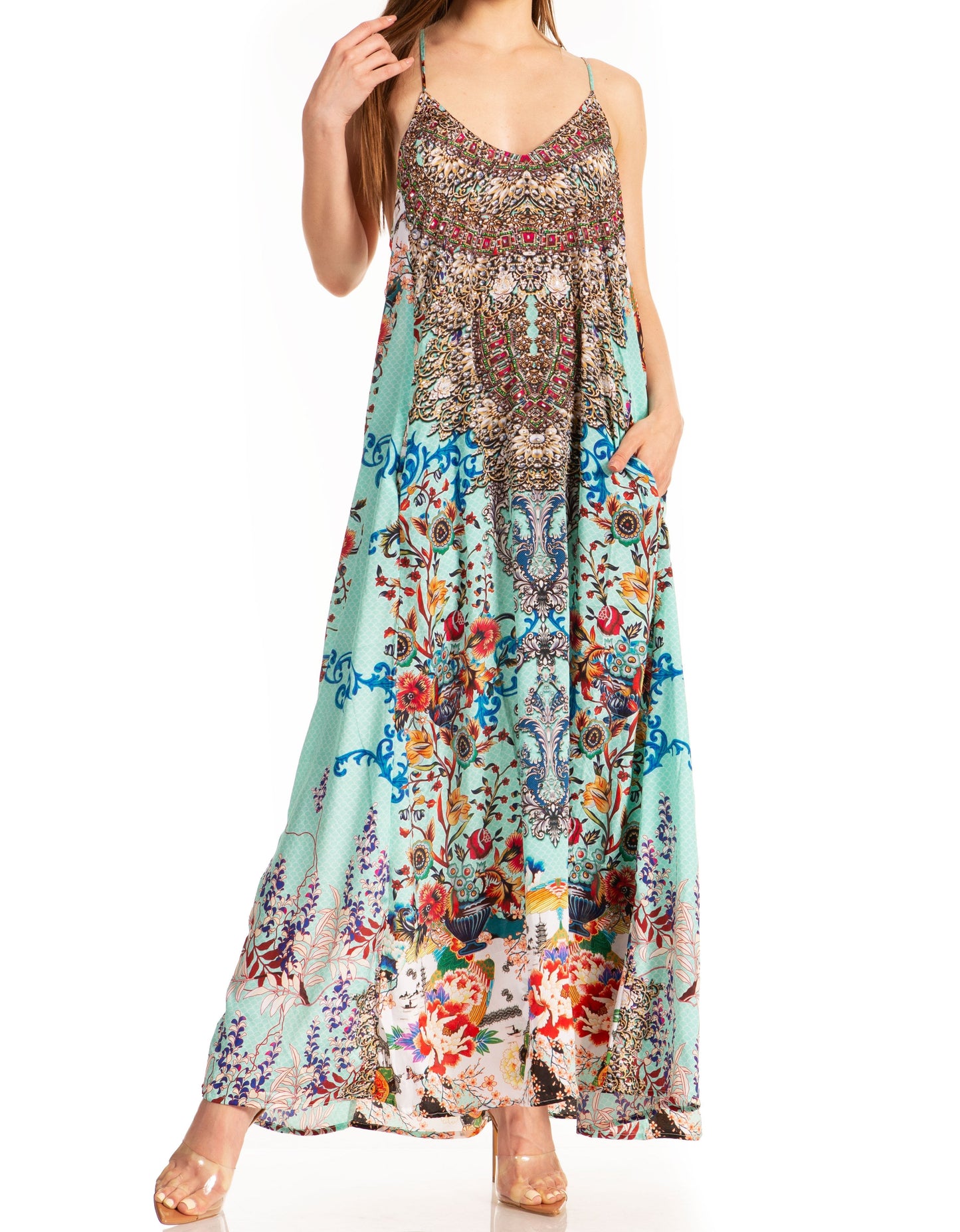 Sakkas Sofia Women's Spaghetti Strap V-neck Floral Print Summer Casual Maxi Dress - Concordia Style Boutique