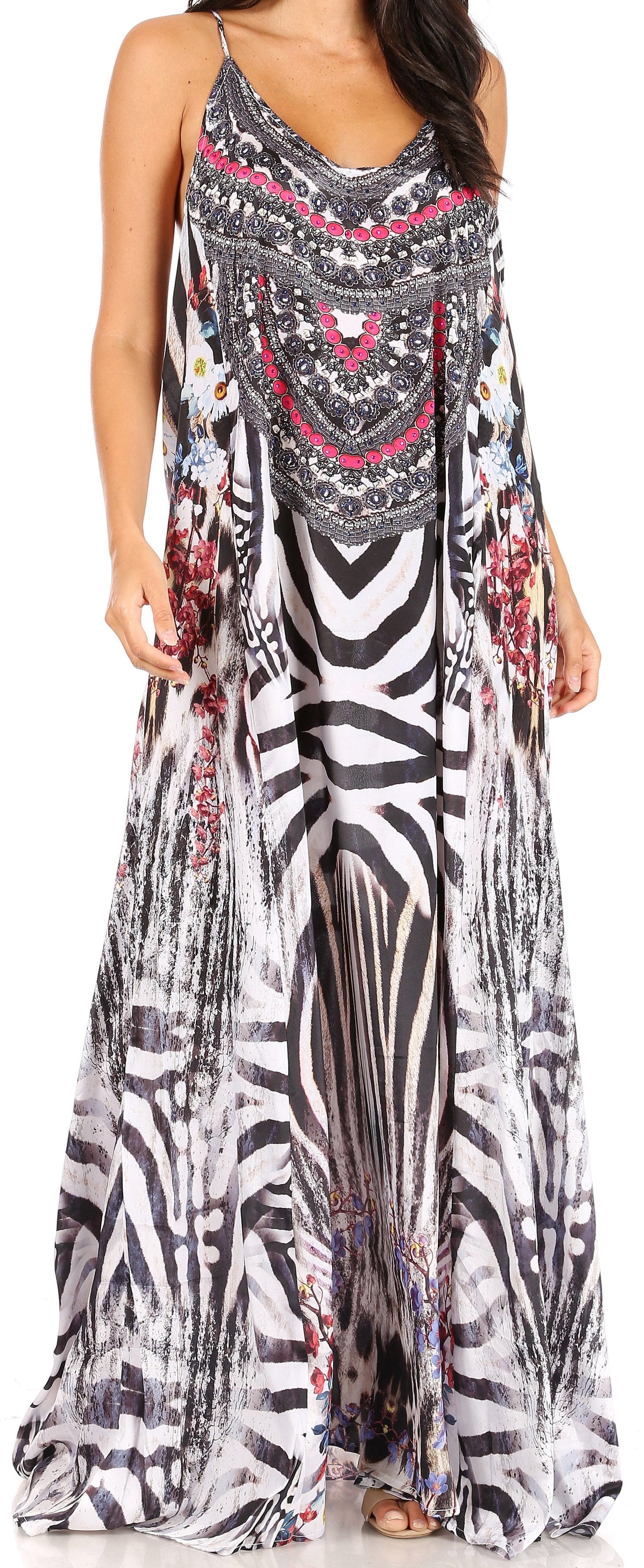 Sakkas Sofia Women's Spaghetti Strap V-neck Floral Print Summer Casual Maxi Dress - Concordia Style Boutique