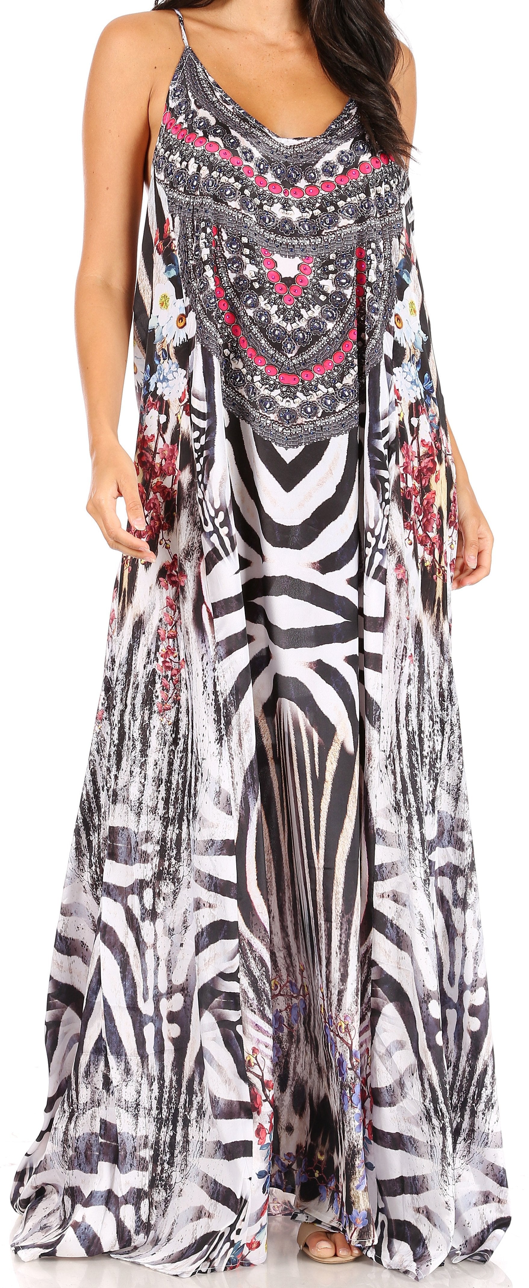Sakkas Sofia Women's Spaghetti Strap V-neck Floral Print Summer Casual Maxi Dress - Concordia Style Boutique