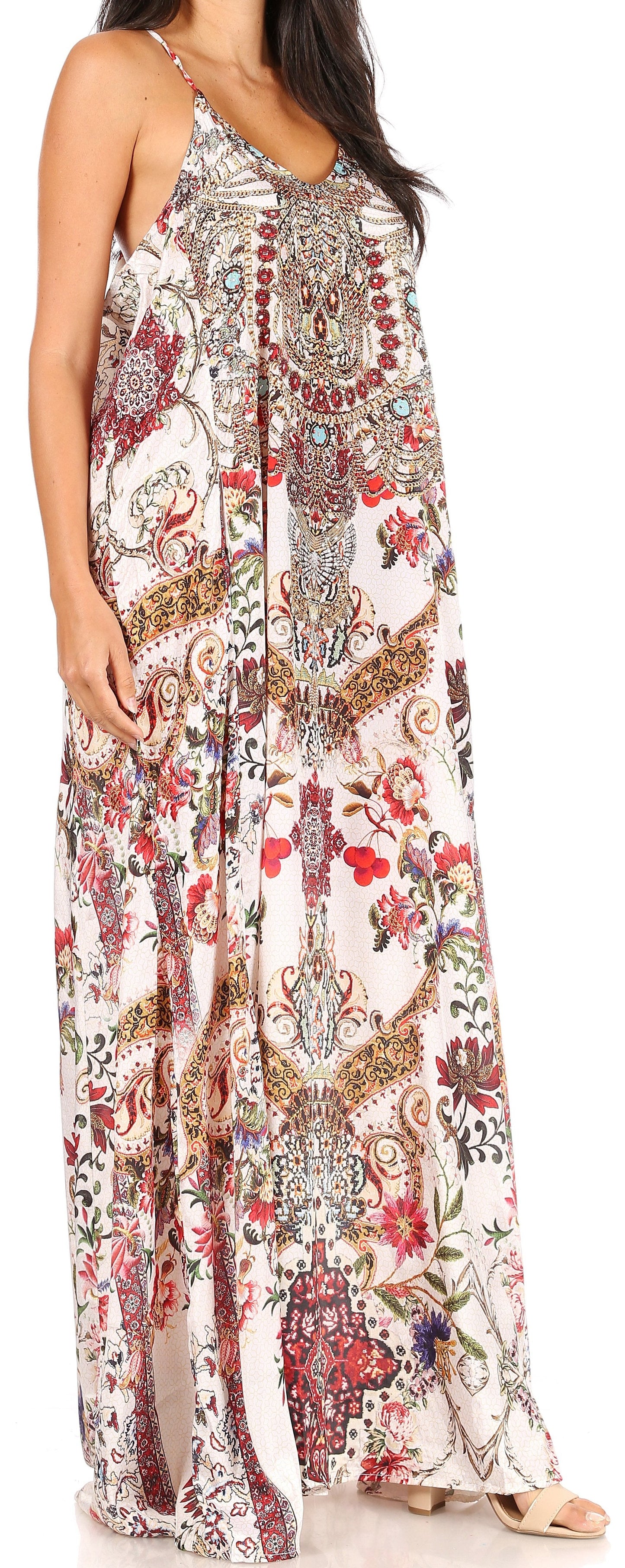 Sakkas Sofia Women's Spaghetti Strap V-neck Floral Print Summer Casual Maxi Dress - Concordia Style Boutique
