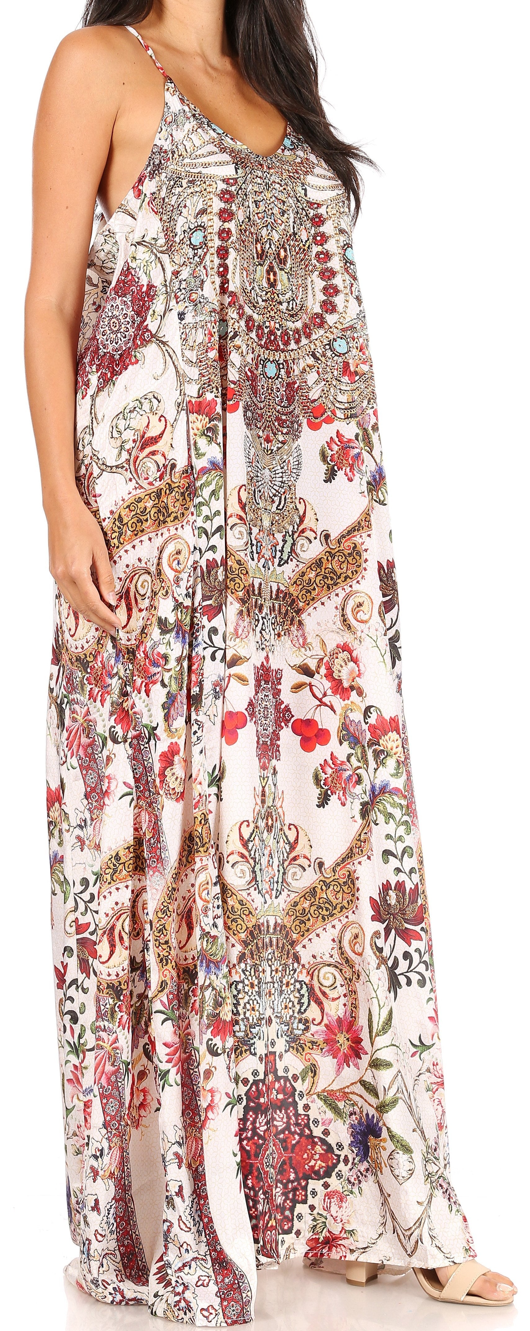 Sakkas Sofia Women's Spaghetti Strap V-neck Floral Print Summer Casual Maxi Dress - Concordia Style Boutique