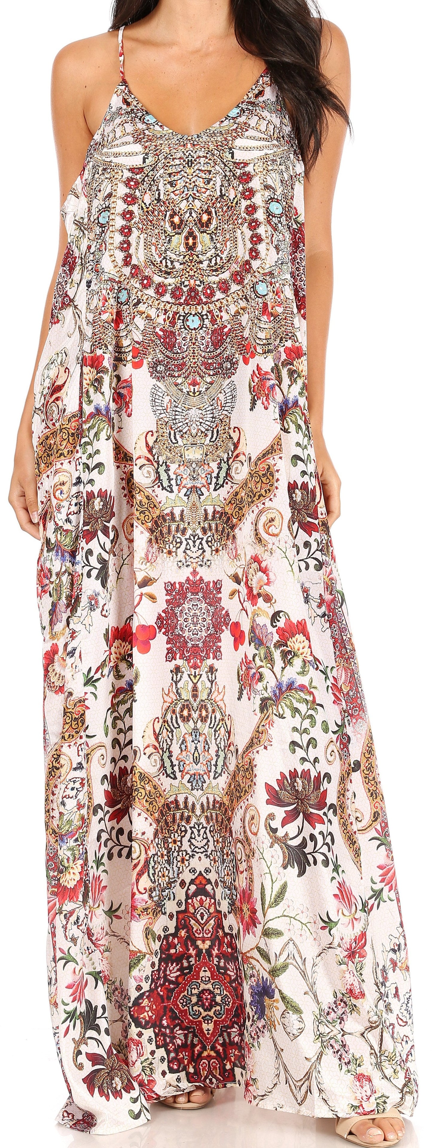 Sakkas Sofia Women's Spaghetti Strap V-neck Floral Print Summer Casual Maxi Dress - Concordia Style Boutique