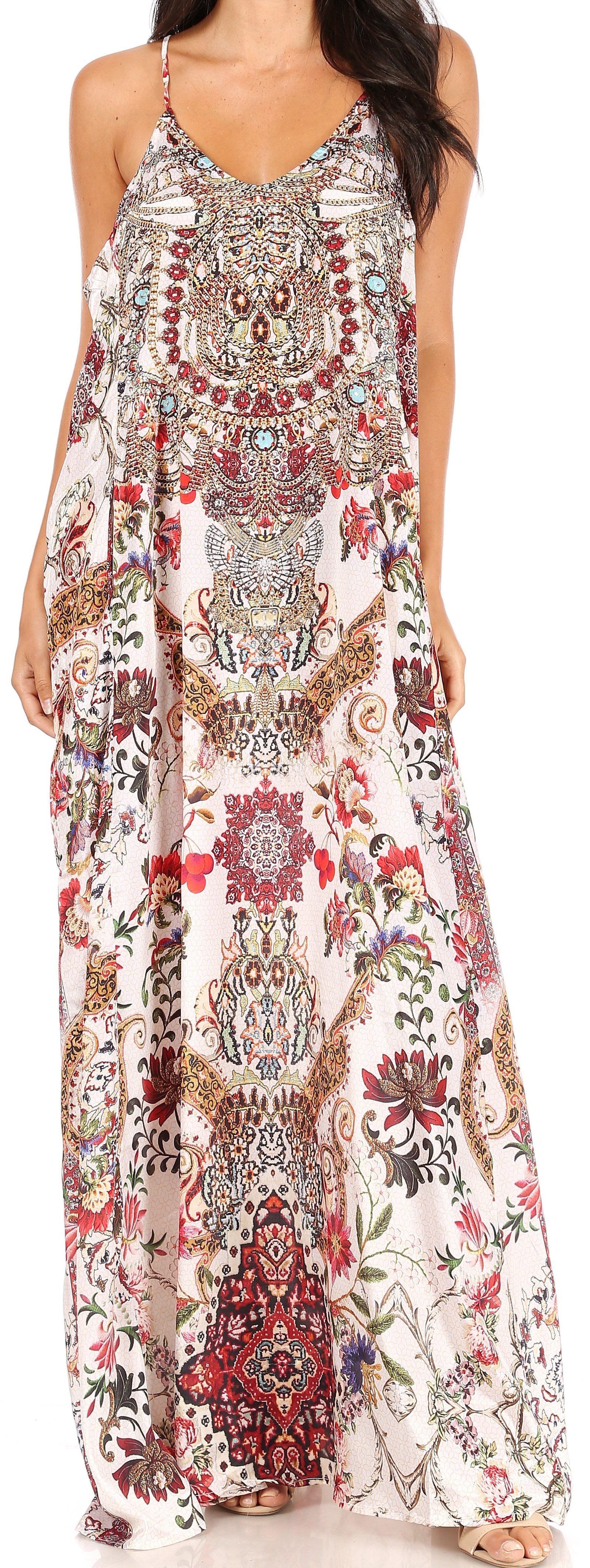 Sakkas Sofia Women's Spaghetti Strap V-neck Floral Print Summer Casual Maxi Dress - Concordia Style Boutique