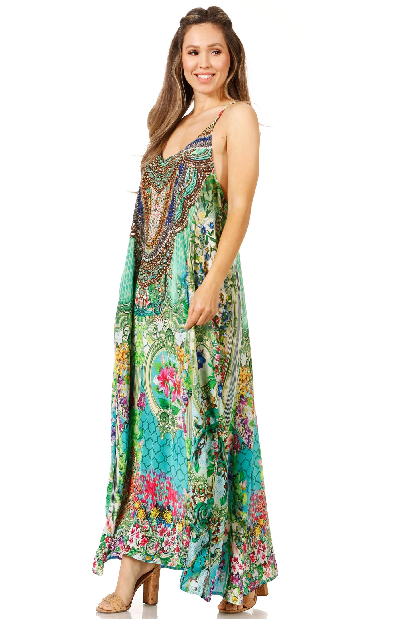 Sakkas Sofia Women's Spaghetti Strap V-neck Floral Print Summer Casual Maxi Dress - Concordia Style Boutique