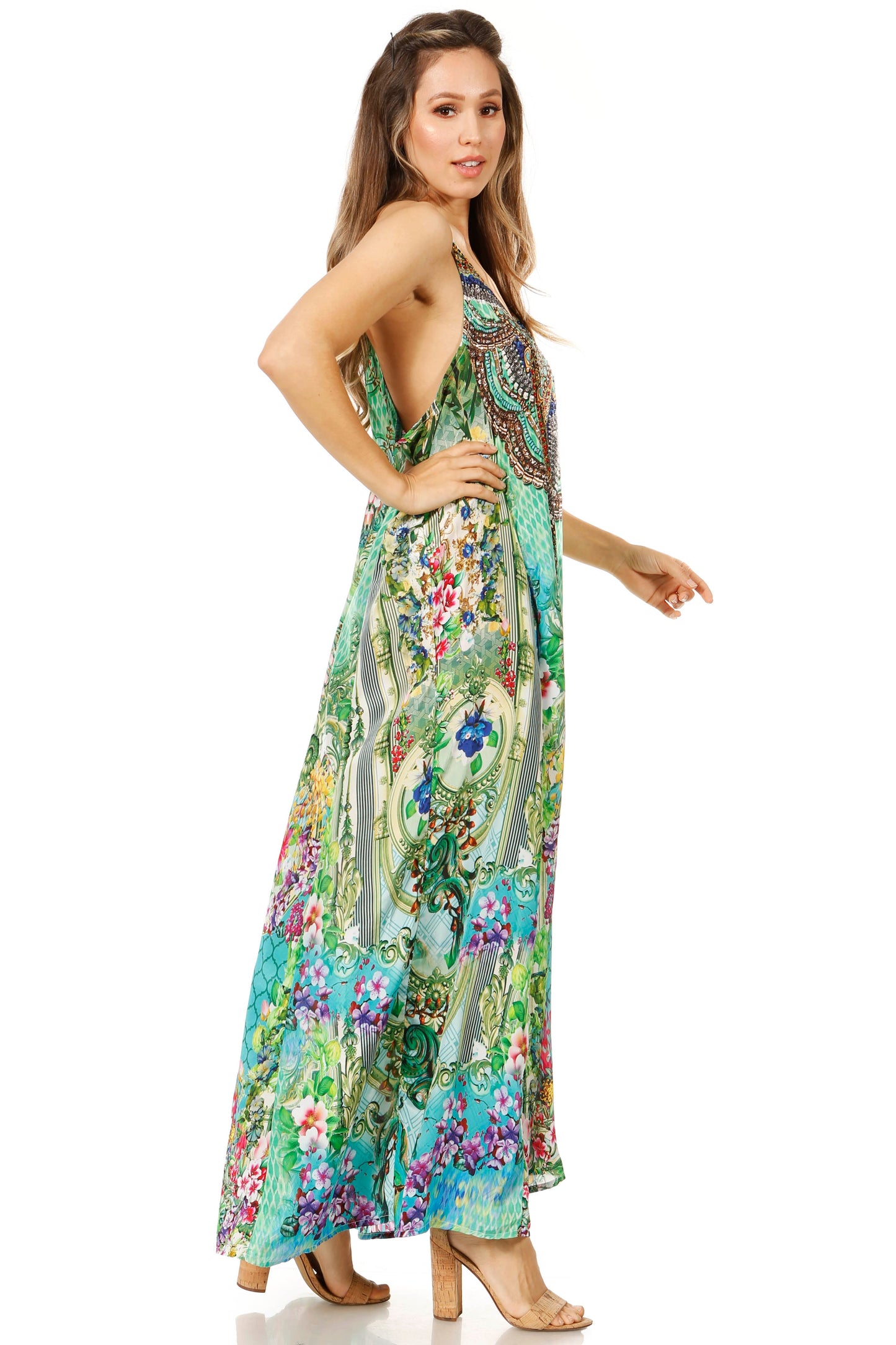 Sakkas Sofia Women's Spaghetti Strap V-neck Floral Print Summer Casual Maxi Dress - Concordia Style Boutique
