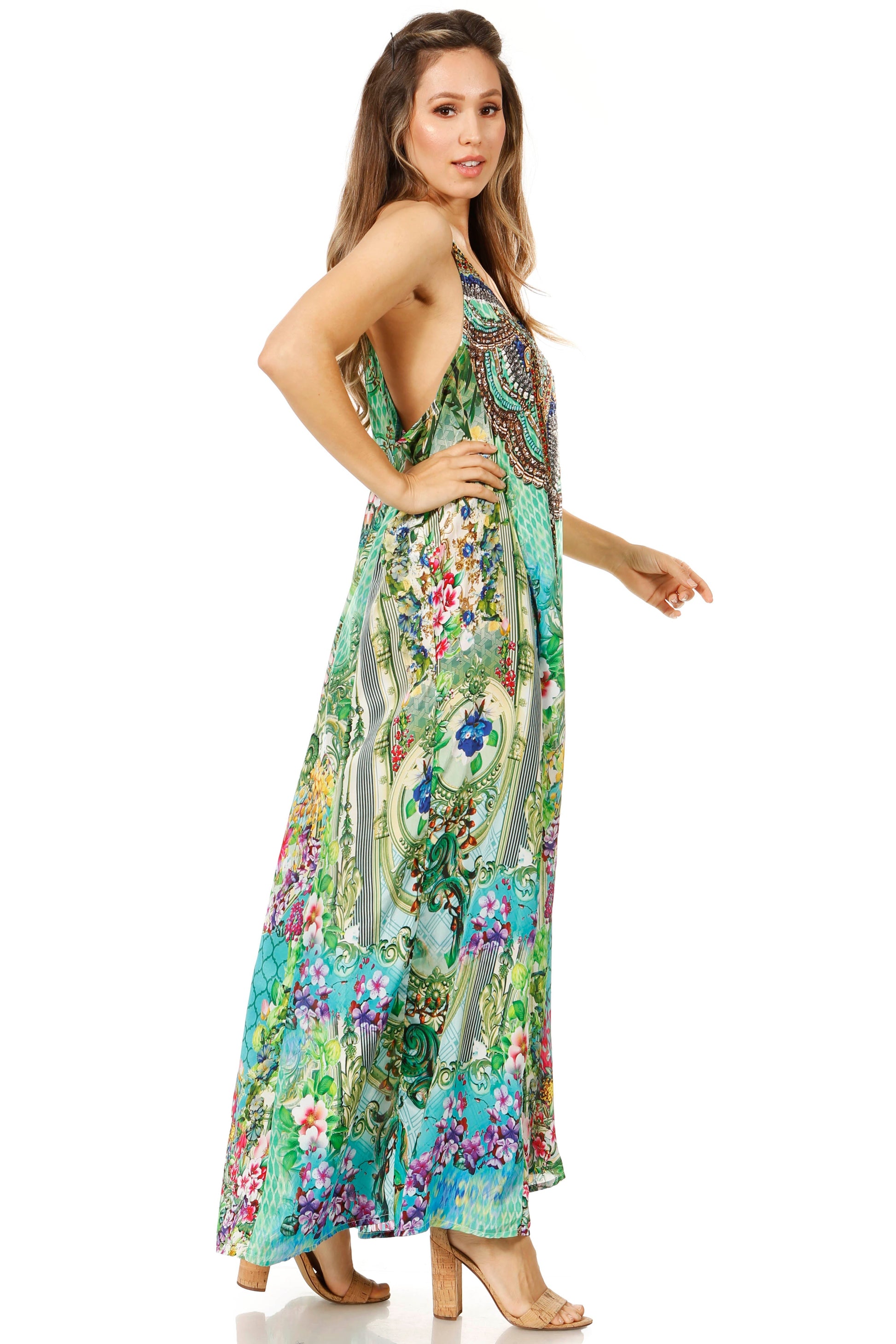Sakkas Sofia Women's Spaghetti Strap V-neck Floral Print Summer Casual Maxi Dress - Concordia Style Boutique