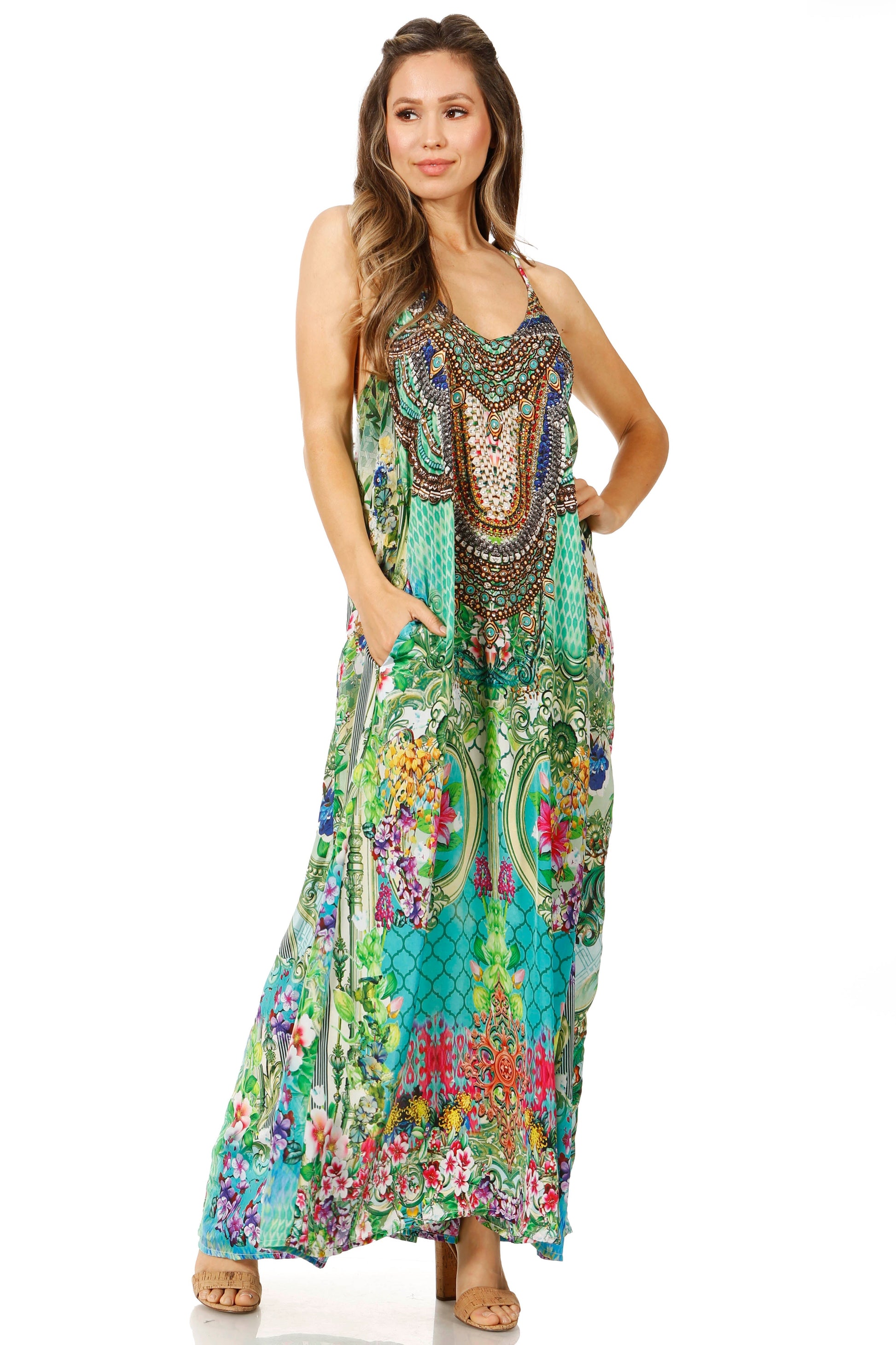 Sakkas Sofia Women's Spaghetti Strap V-neck Floral Print Summer Casual Maxi Dress - Concordia Style Boutique