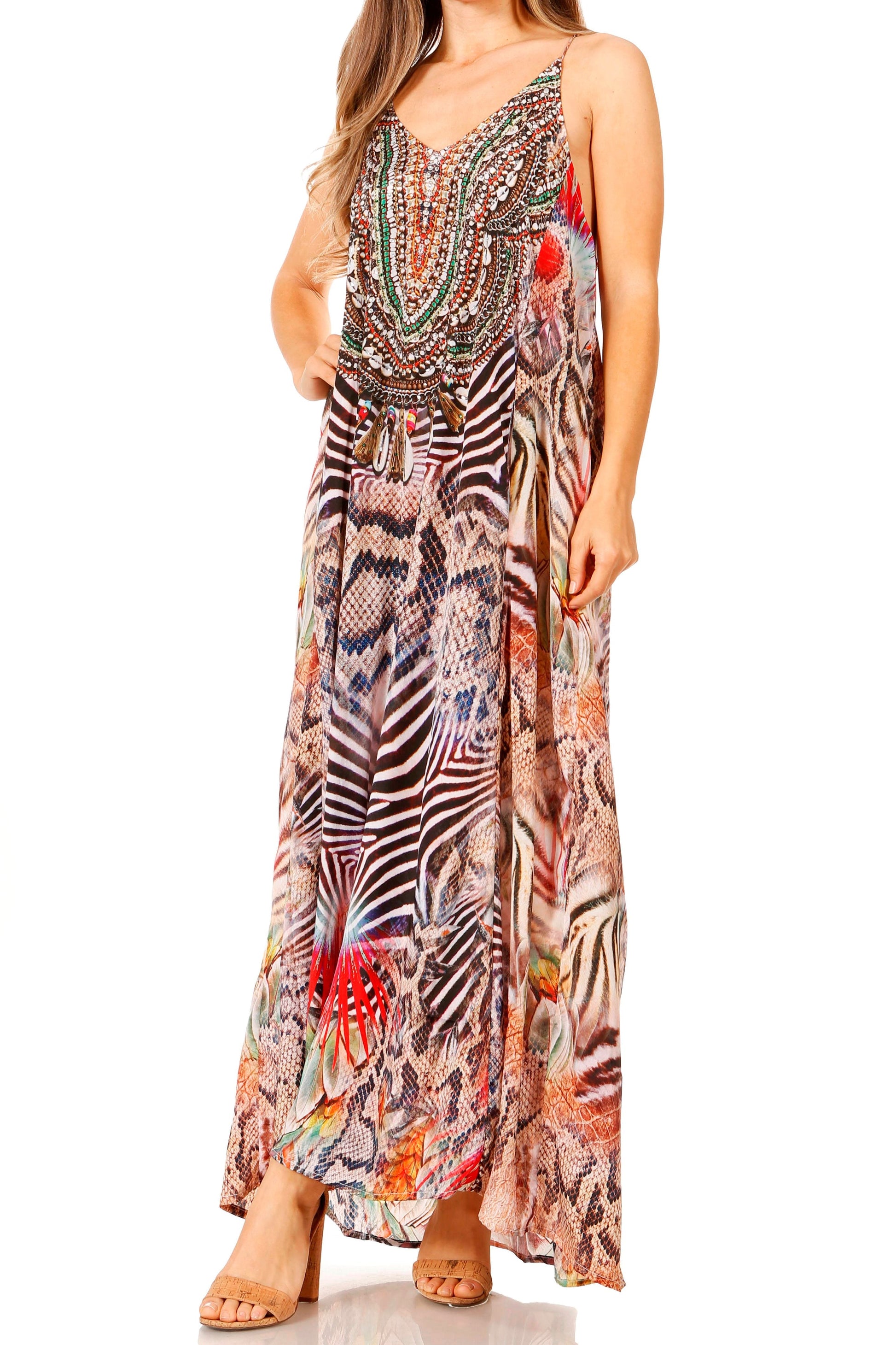 Sakkas Sofia Women's Spaghetti Strap V-neck Floral Print Summer Casual Maxi Dress - Concordia Style Boutique