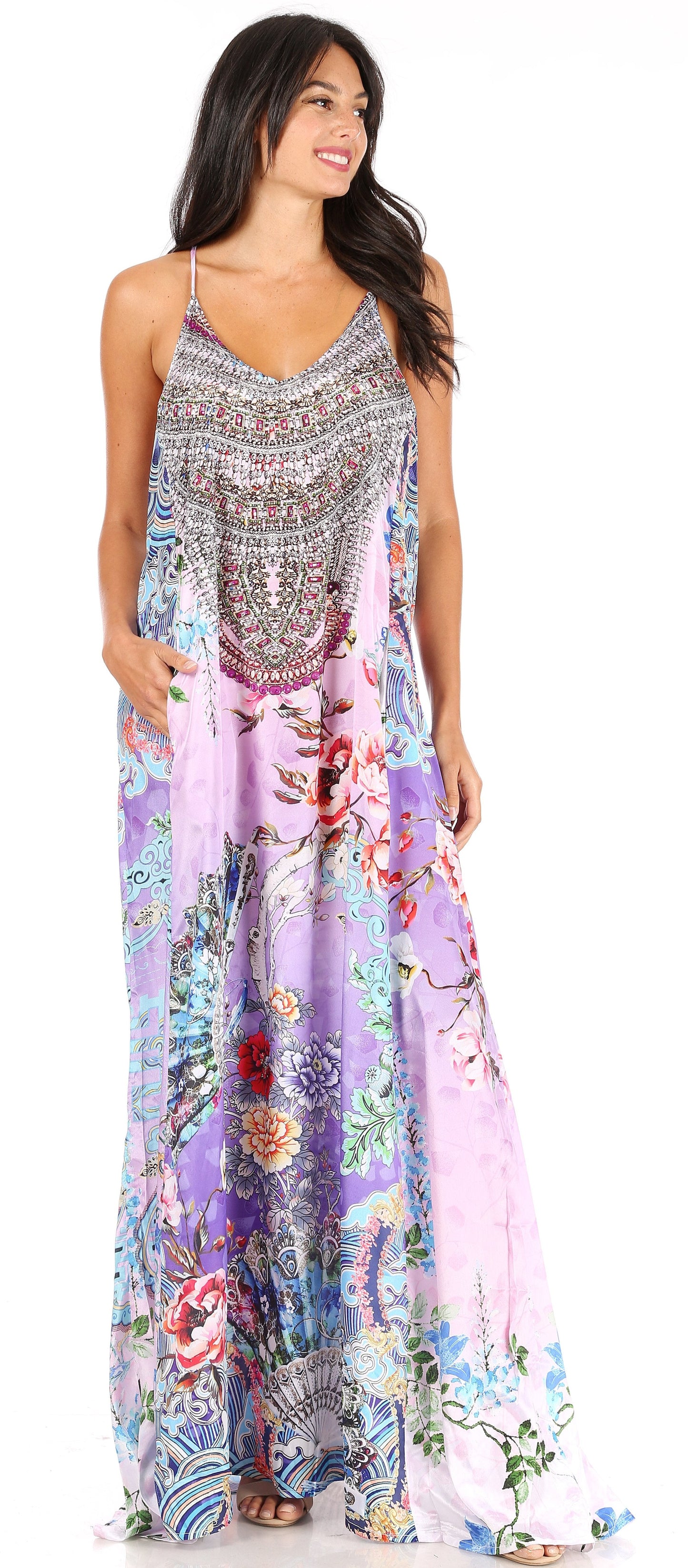 Sakkas Sofia Women's Spaghetti Strap V-neck Floral Print Summer Casual Maxi Dress - Concordia Style Boutique