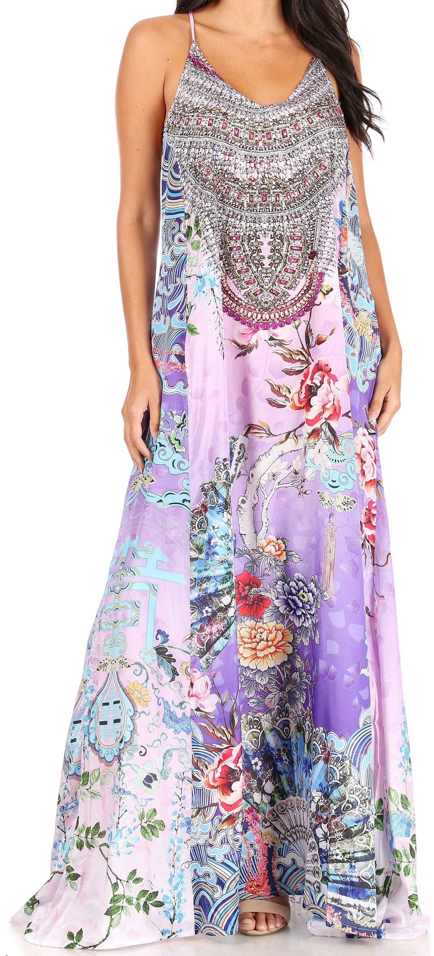 Sakkas Sofia Women's Spaghetti Strap V-neck Floral Print Summer Casual Maxi Dress - Concordia Style Boutique