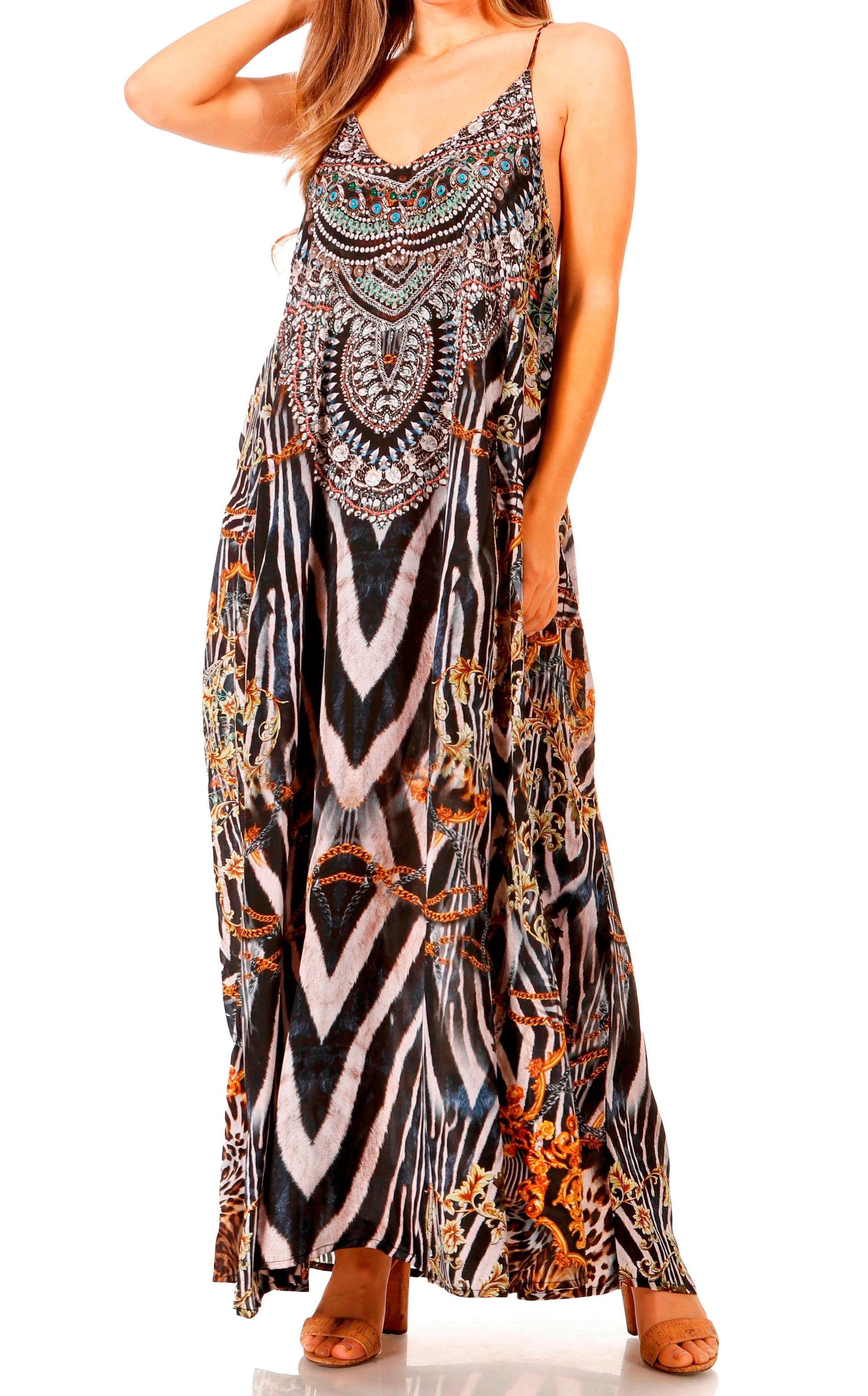 Sakkas Sofia Women's Spaghetti Strap V-neck Floral Print Summer Casual Maxi Dress - Concordia Style Boutique
