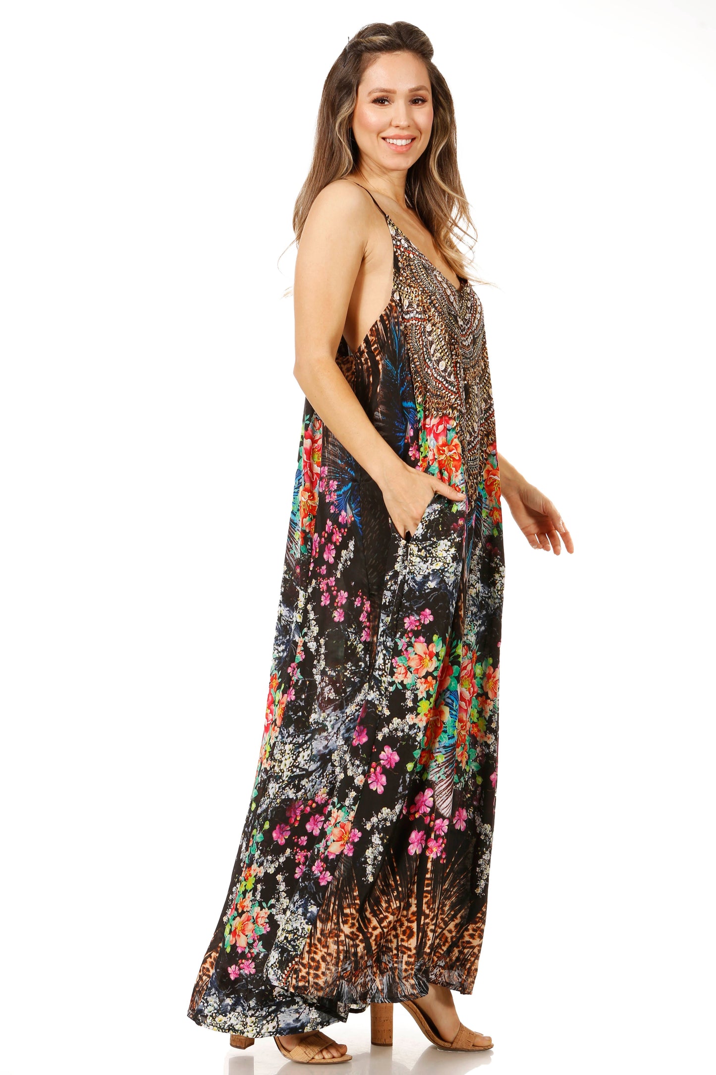 Sakkas Sofia Women's Spaghetti Strap V-neck Floral Print Summer Casual Maxi Dress - Concordia Style Boutique