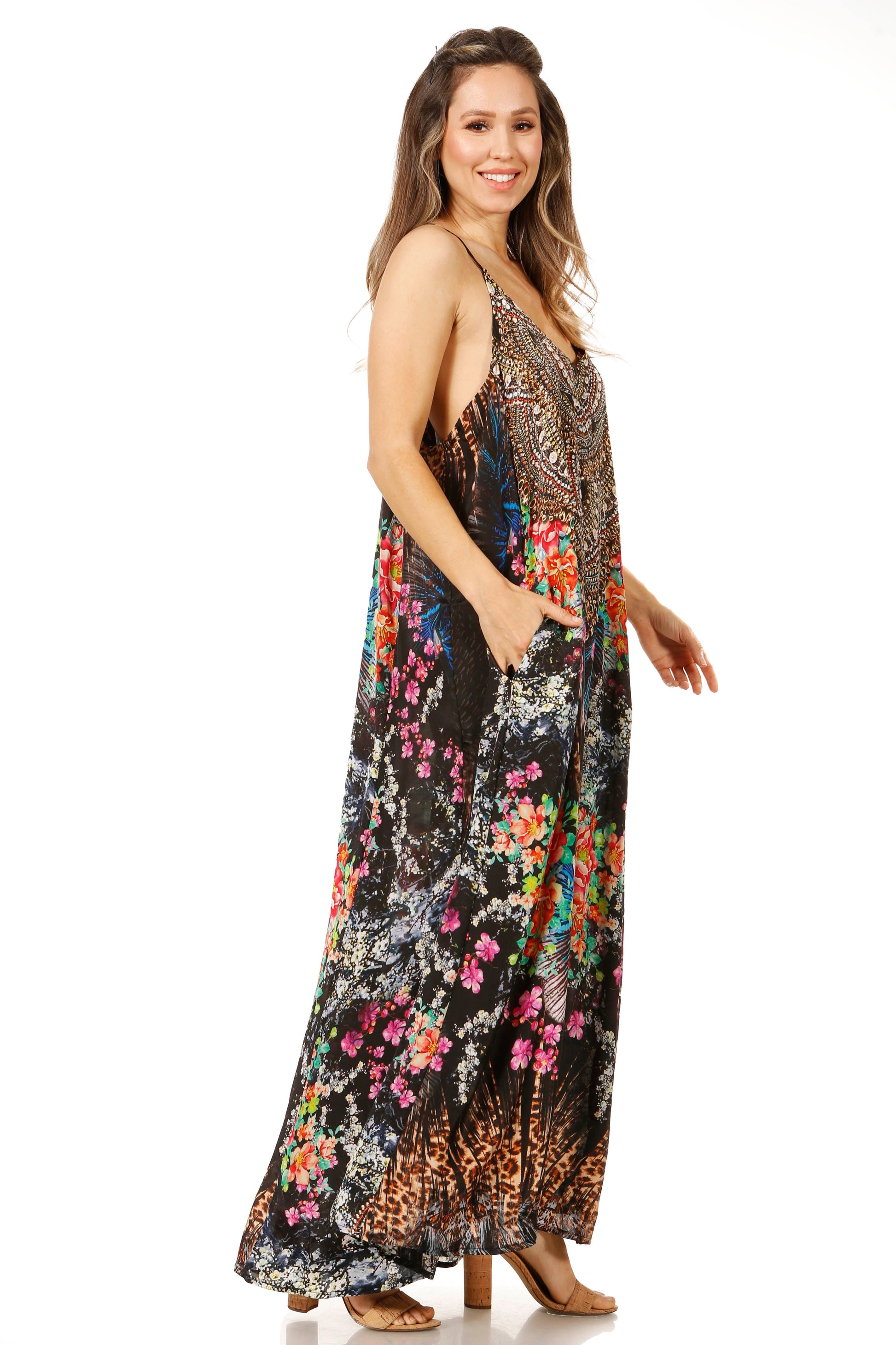 Sakkas Sofia Women's Spaghetti Strap V-neck Floral Print Summer Casual Maxi Dress - Concordia Style Boutique