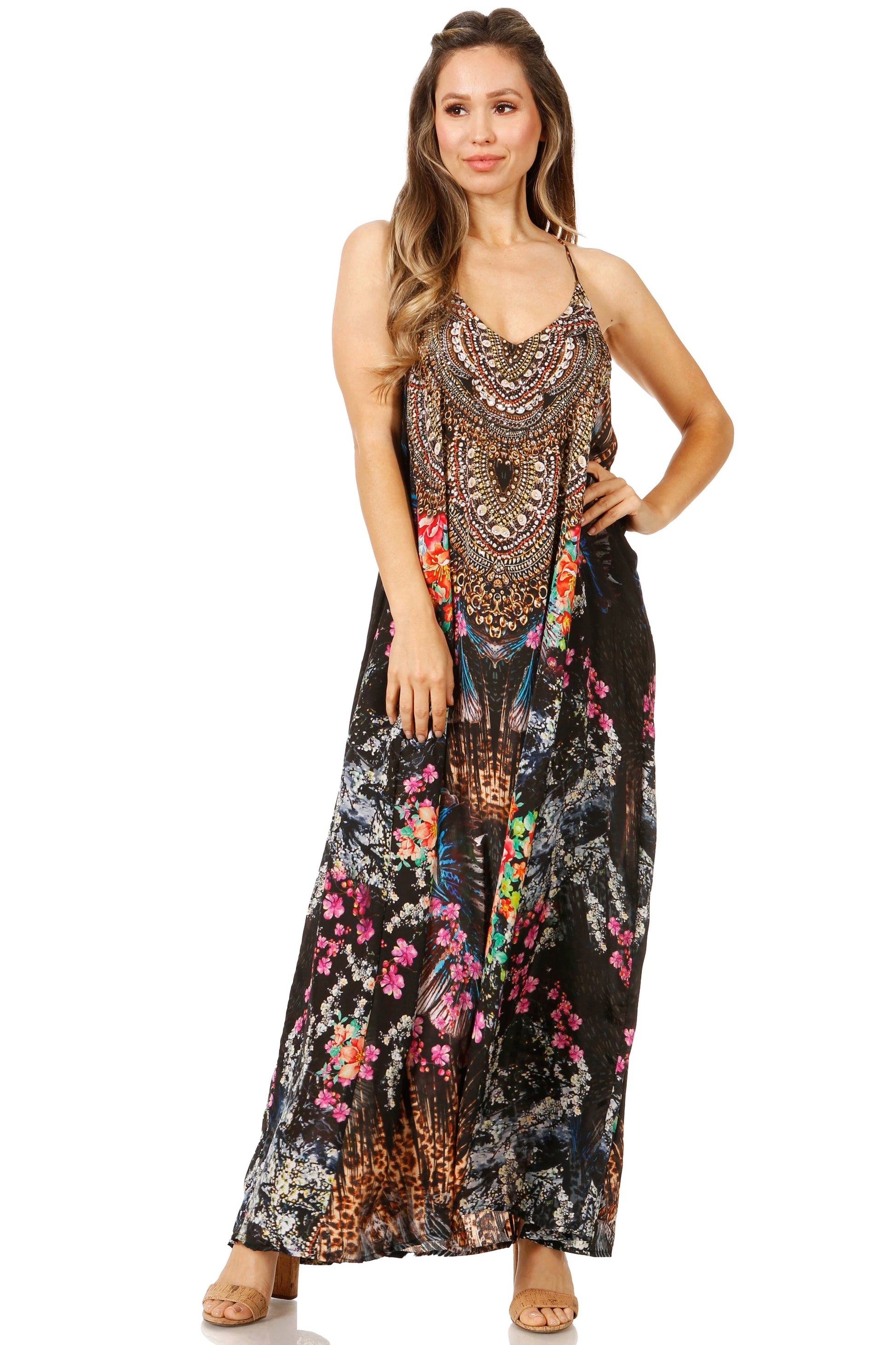 Sakkas Sofia Women's Spaghetti Strap V-neck Floral Print Summer Casual Maxi Dress - Concordia Style Boutique