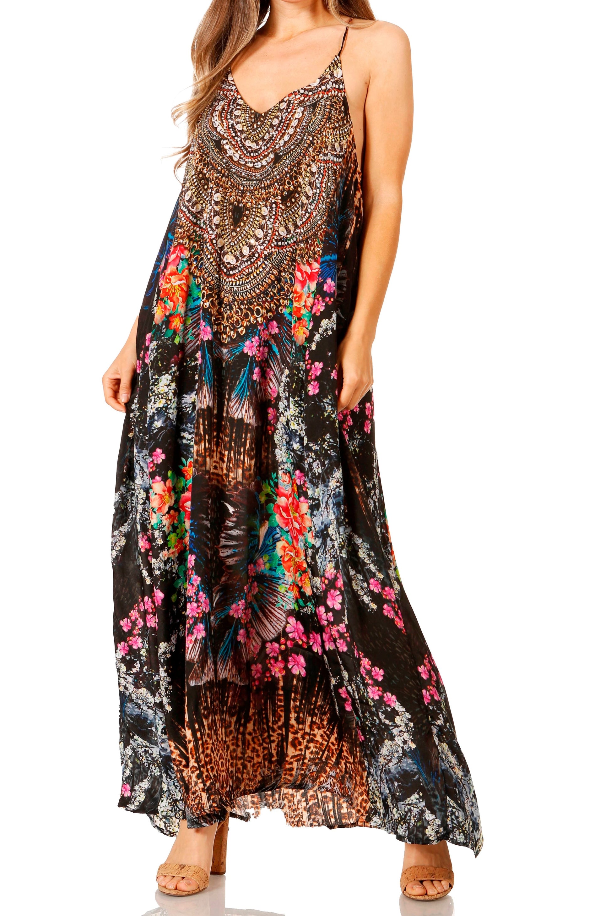 Sakkas Sofia Women's Spaghetti Strap V-neck Floral Print Summer Casual Maxi Dress - Concordia Style Boutique
