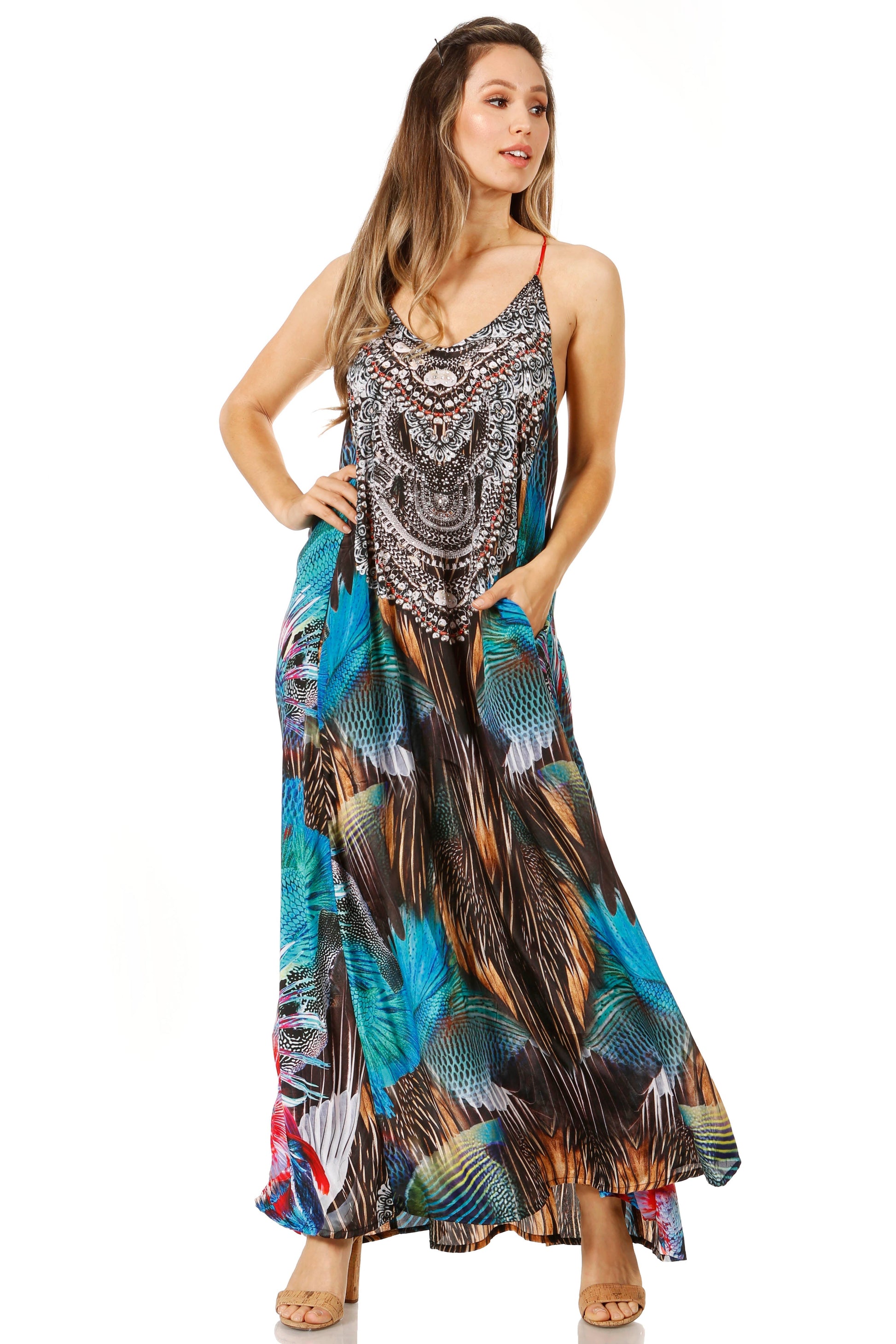 Sakkas Sofia Women's Spaghetti Strap V-neck Floral Print Summer Casual Maxi Dress - Concordia Style Boutique
