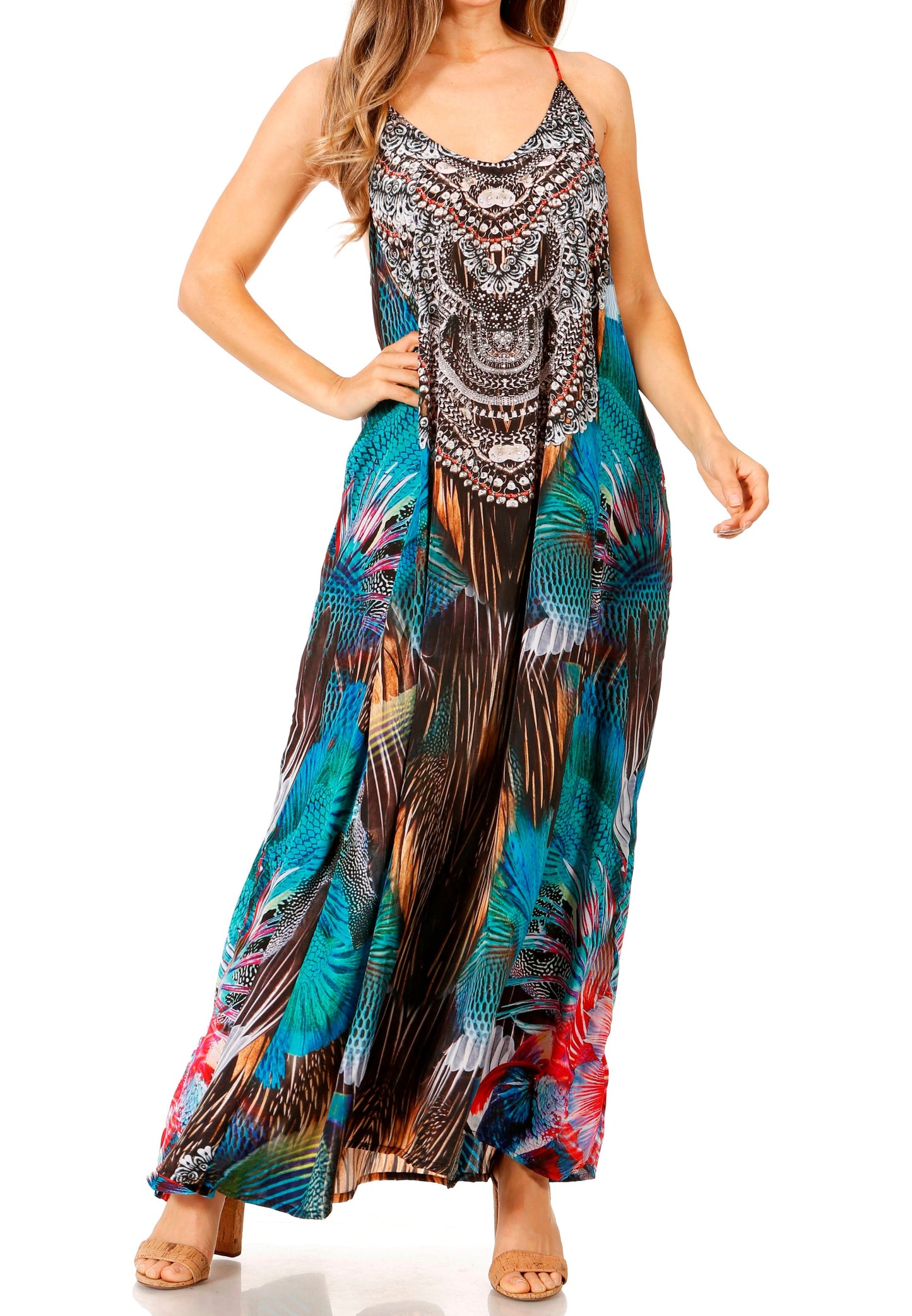 Sakkas Sofia Women's Spaghetti Strap V-neck Floral Print Summer Casual Maxi Dress - Concordia Style Boutique