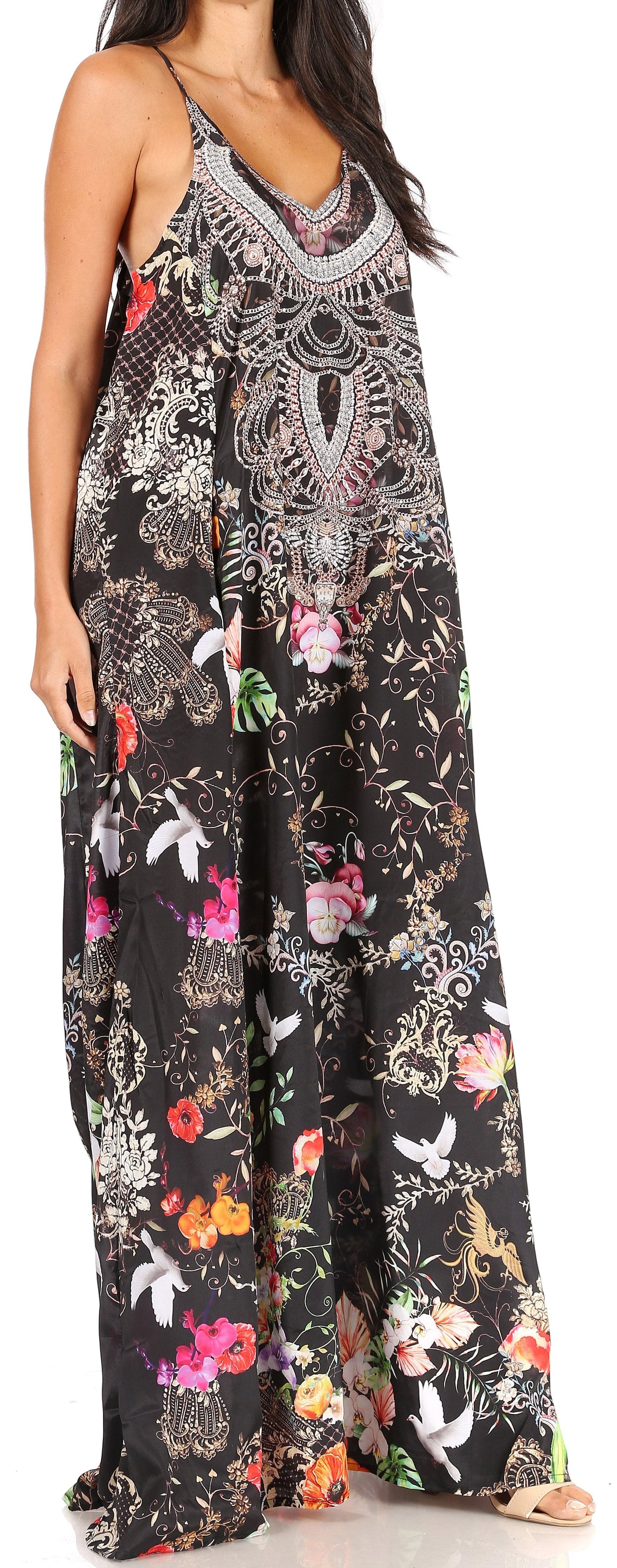 Sakkas Sofia Women's Spaghetti Strap V-neck Floral Print Summer Casual Maxi Dress - Concordia Style Boutique