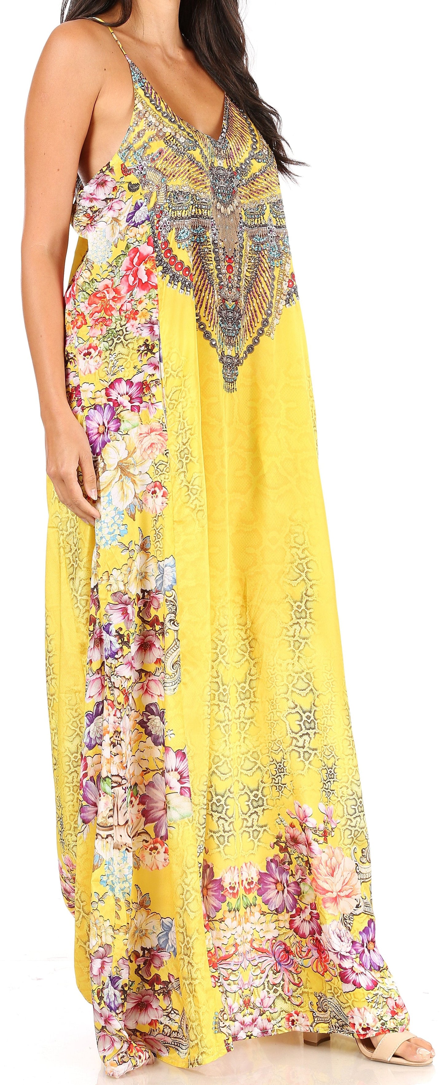 Sakkas Sofia Women's Spaghetti Strap V-neck Floral Print Summer Casual Maxi Dress - Concordia Style Boutique