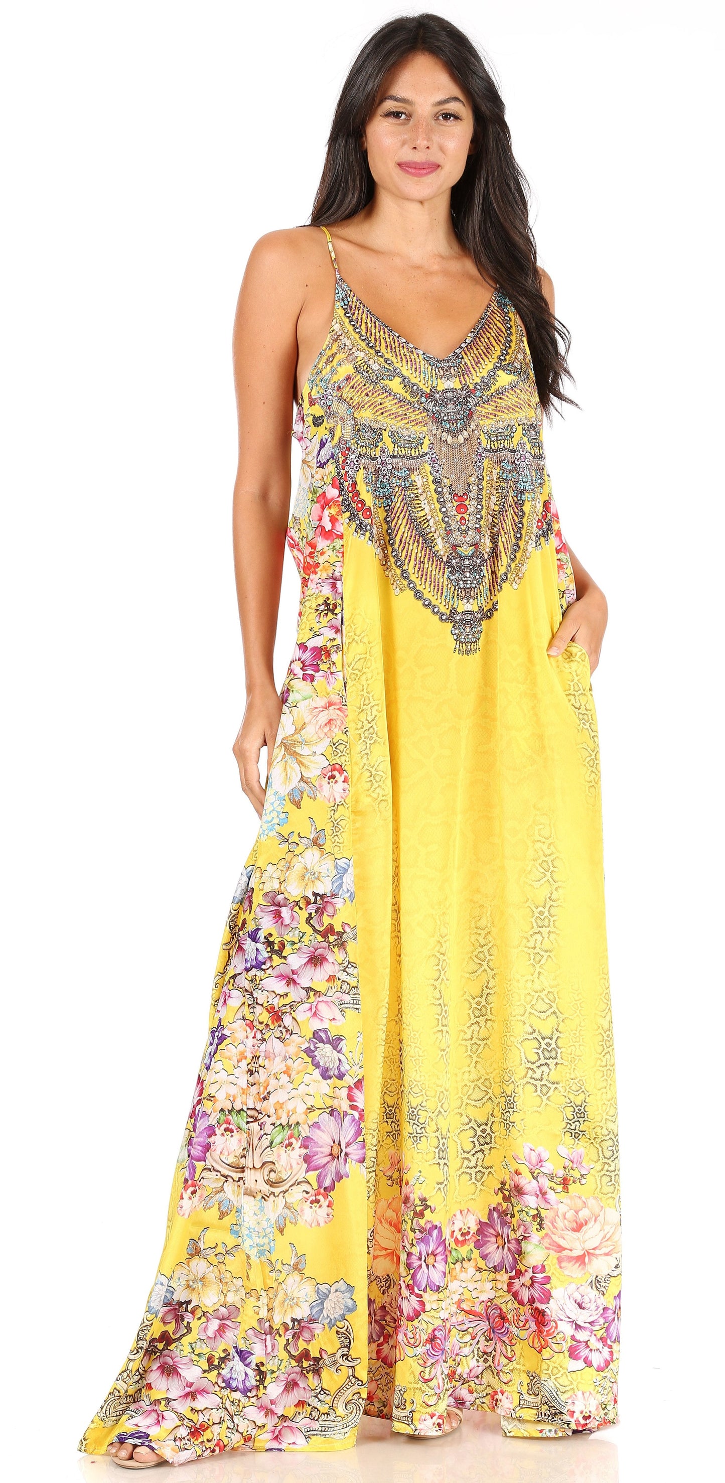 Sakkas Sofia Women's Spaghetti Strap V-neck Floral Print Summer Casual Maxi Dress - Concordia Style Boutique