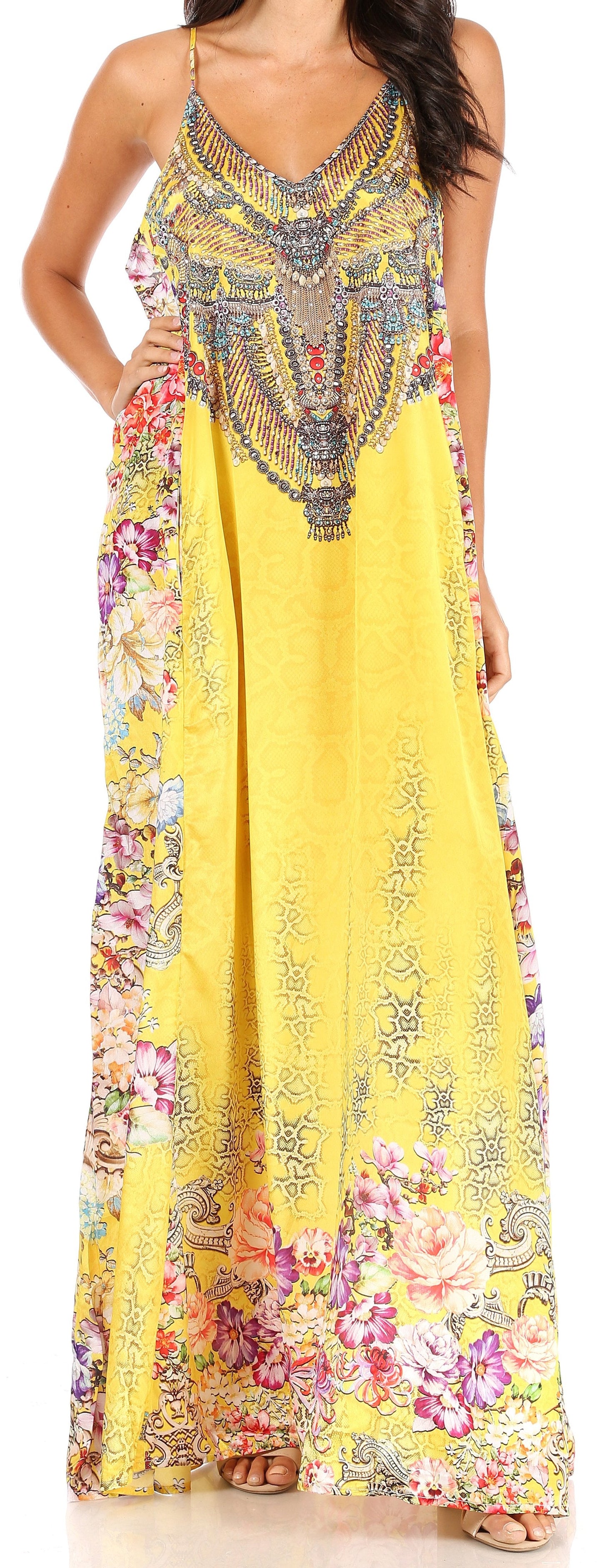 Sakkas Sofia Women's Spaghetti Strap V-neck Floral Print Summer Casual Maxi Dress - Concordia Style Boutique