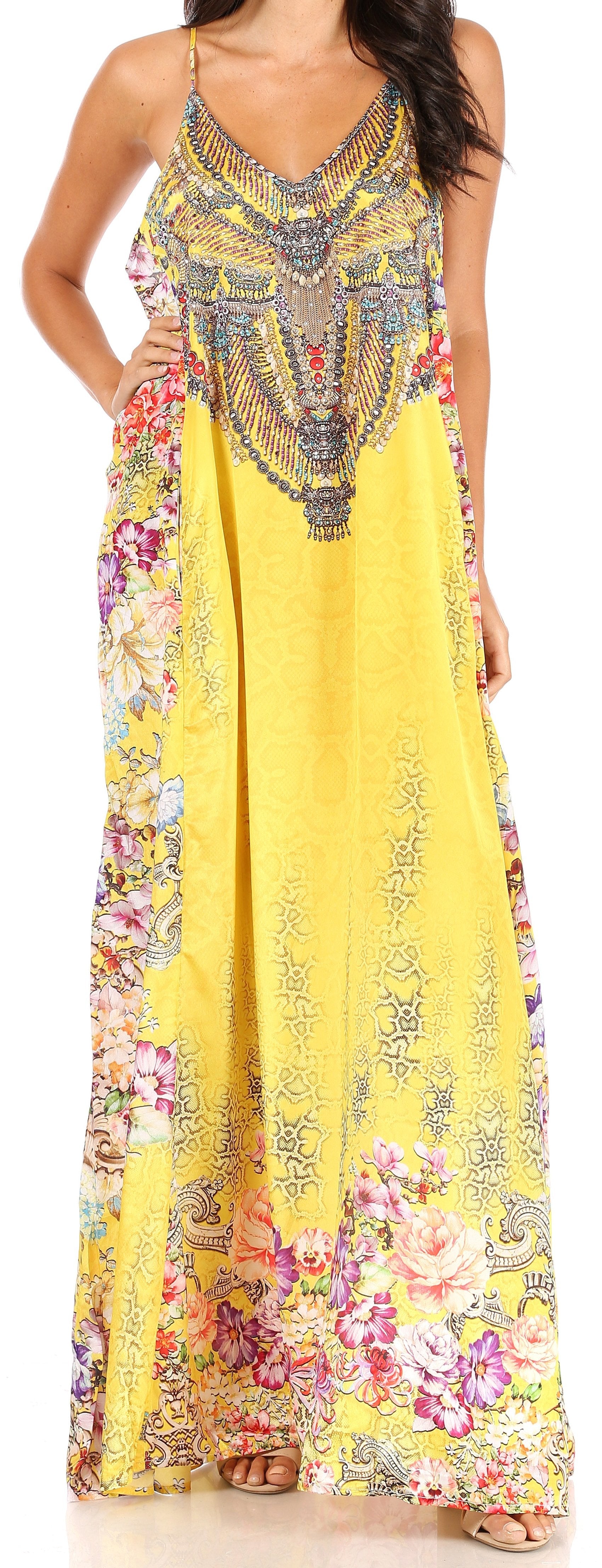 Sakkas Sofia Women's Spaghetti Strap V-neck Floral Print Summer Casual Maxi Dress - Concordia Style Boutique