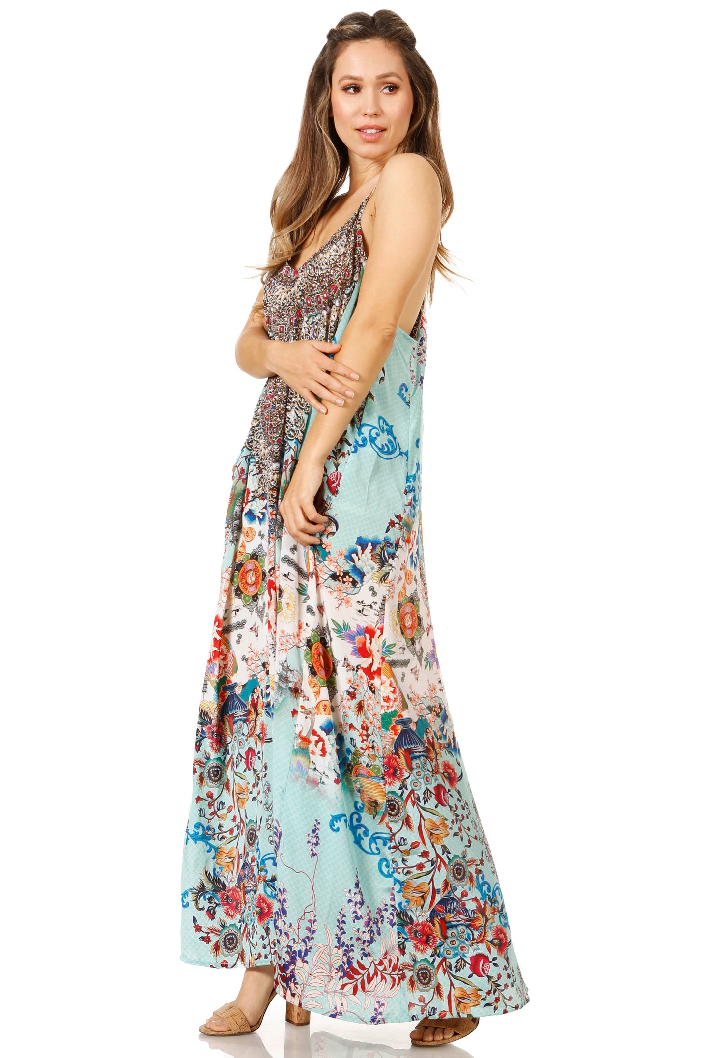 Sakkas Sofia Women's Spaghetti Strap V-neck Floral Print Summer Casual Maxi Dress - Concordia Style Boutique