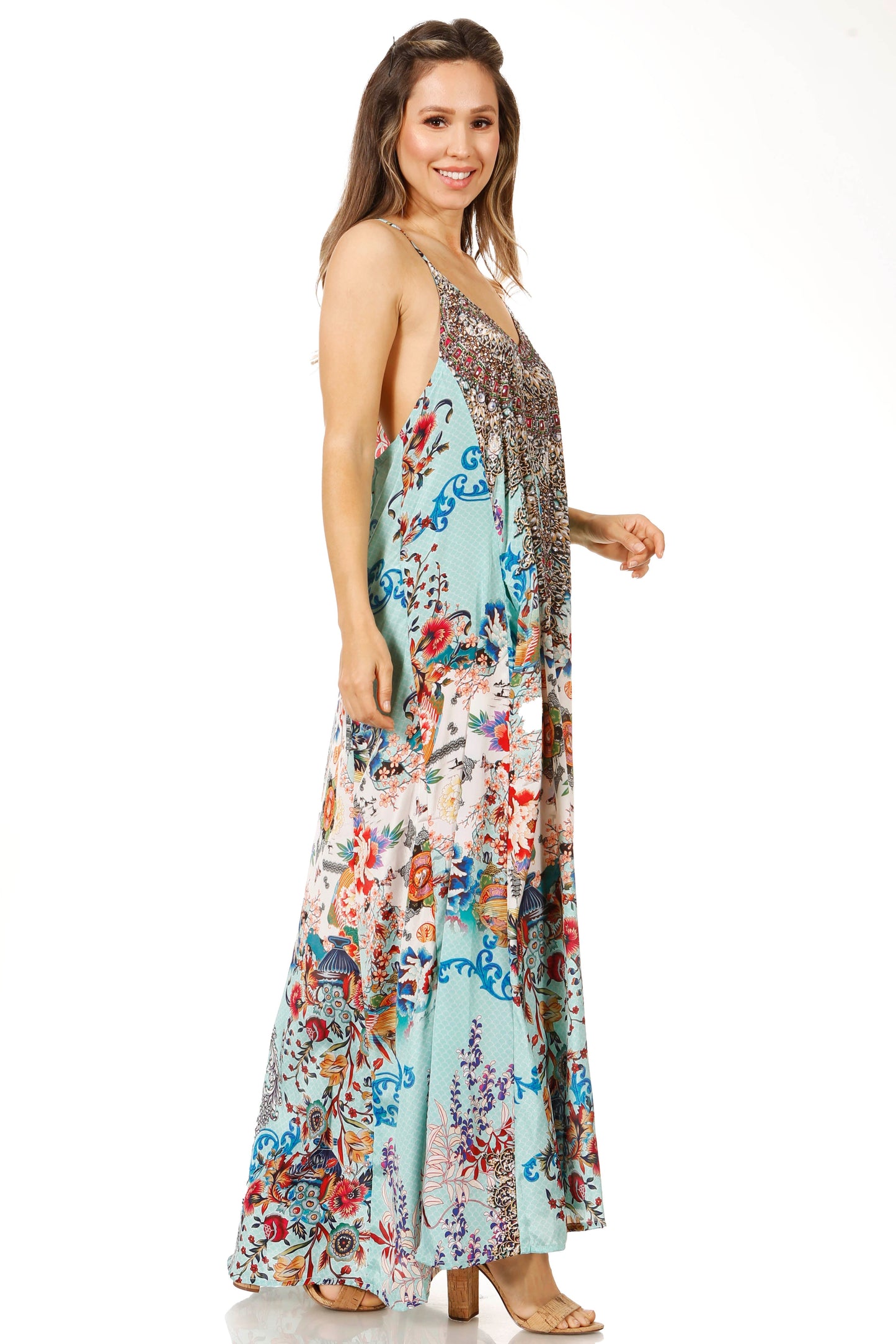 Sakkas Sofia Women's Spaghetti Strap V-neck Floral Print Summer Casual Maxi Dress - Concordia Style Boutique