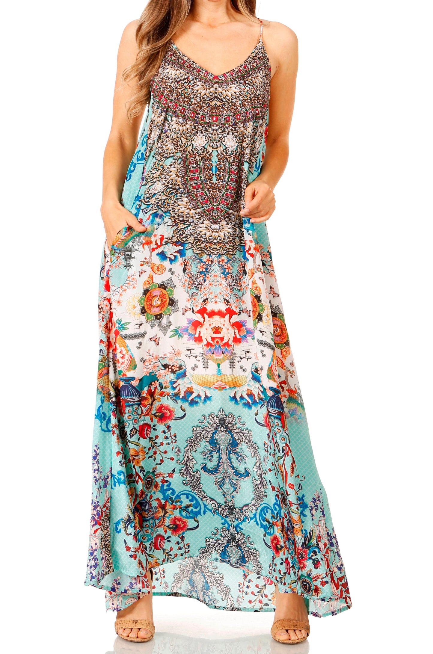 Sakkas Sofia Women's Spaghetti Strap V-neck Floral Print Summer Casual Maxi Dress - Concordia Style Boutique