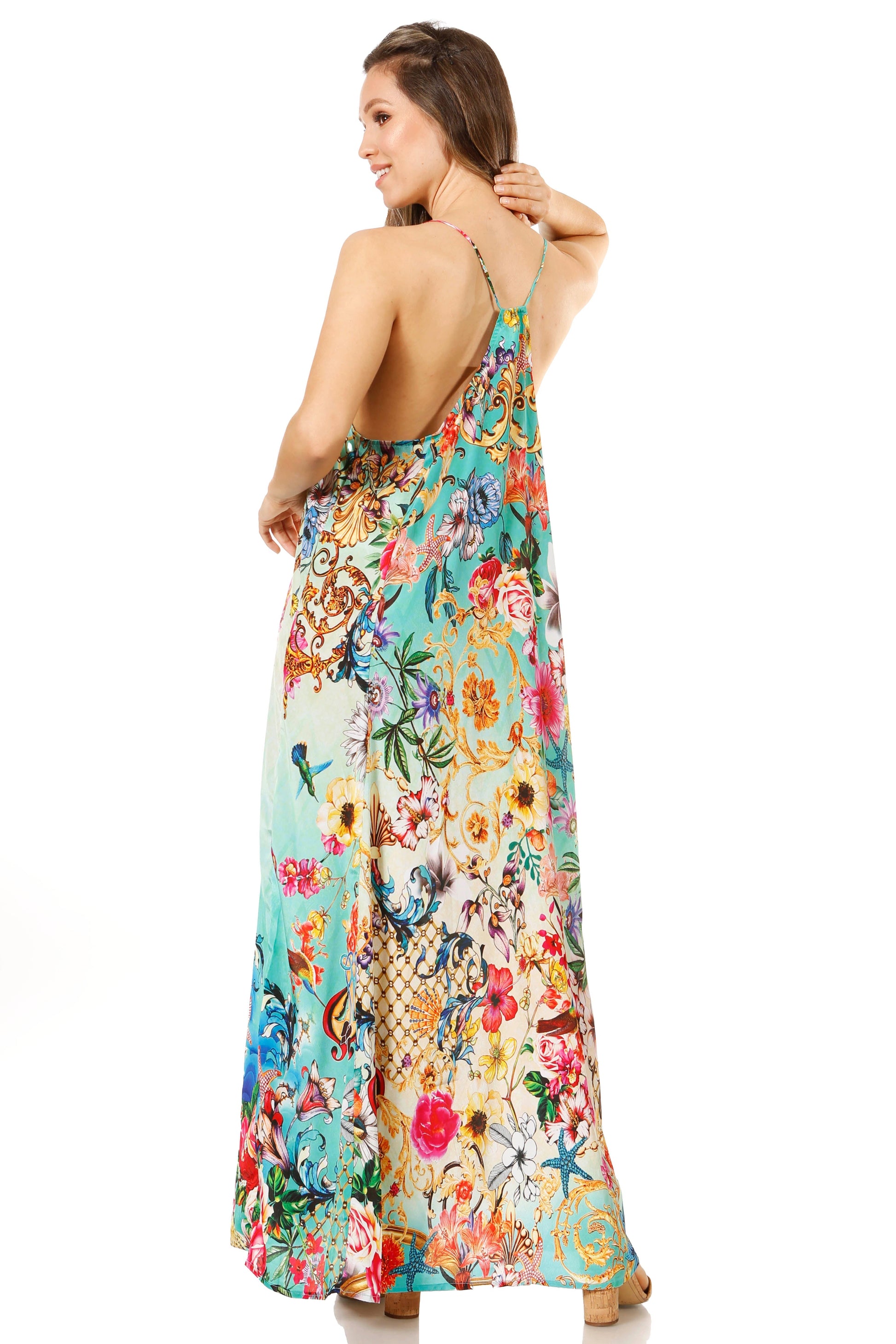 Sakkas Sofia Women's Spaghetti Strap V-neck Floral Print Summer Casual Maxi Dress - Concordia Style Boutique