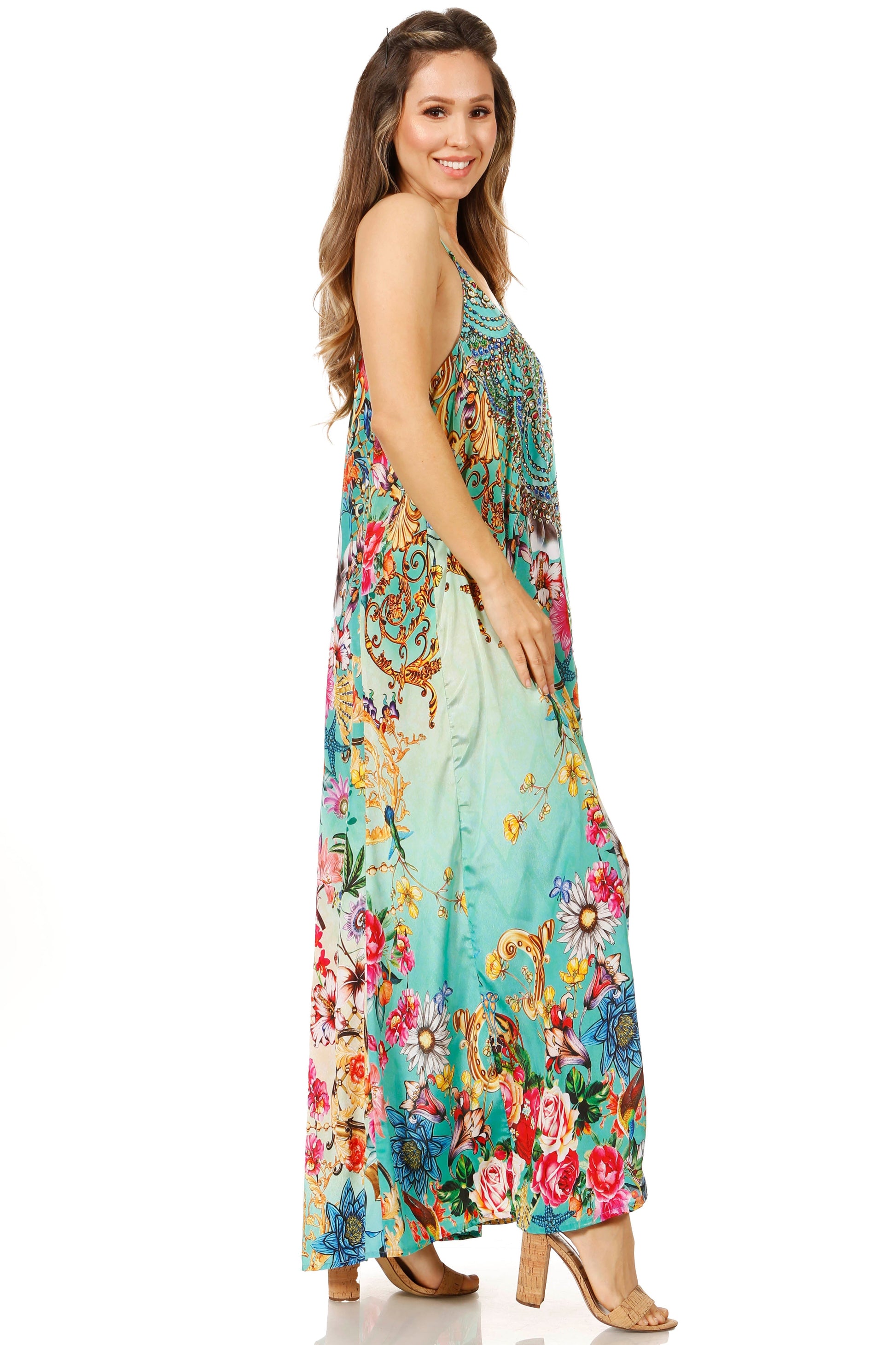 Sakkas Sofia Women's Spaghetti Strap V-neck Floral Print Summer Casual Maxi Dress - Concordia Style Boutique
