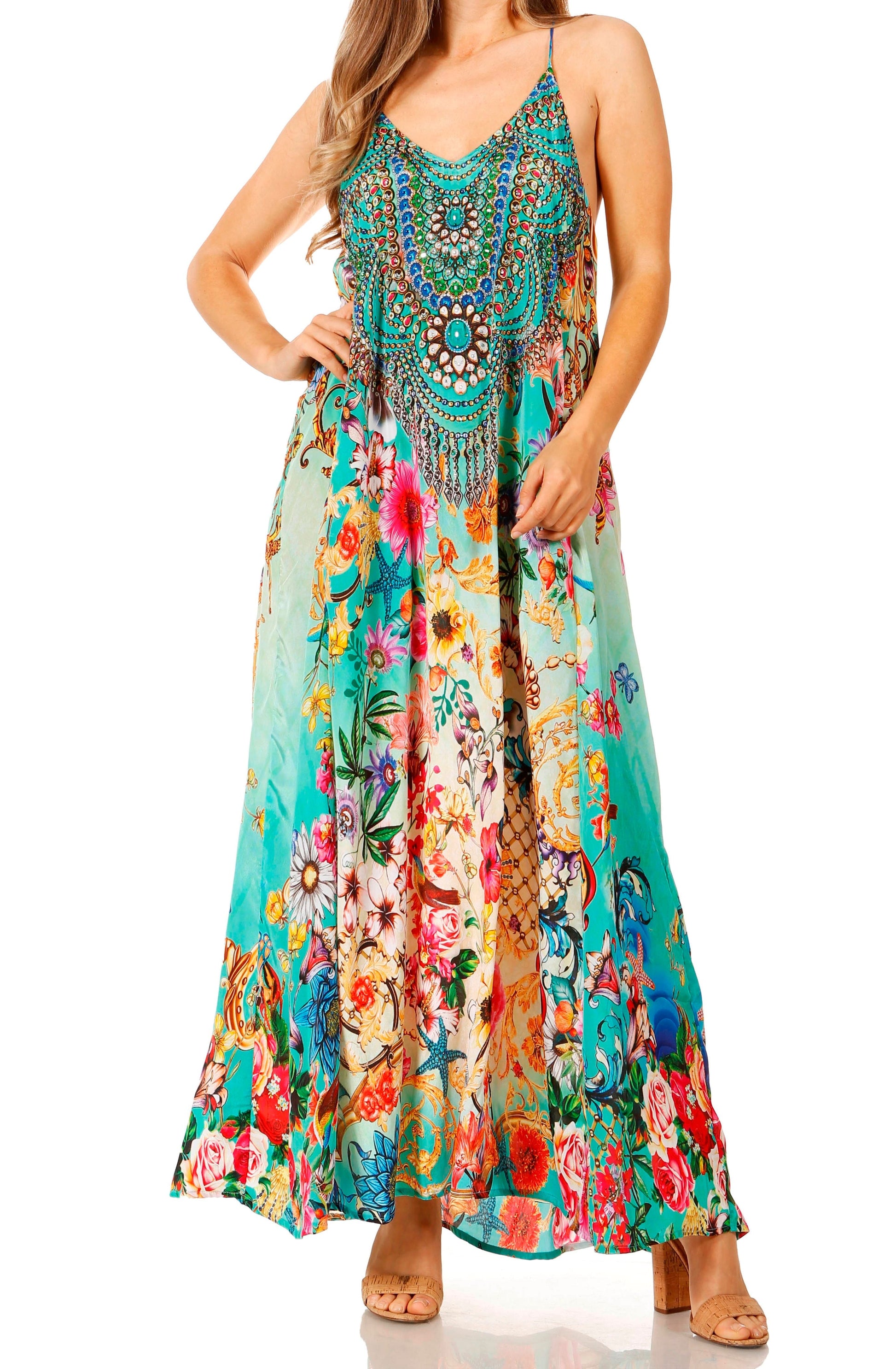 Sakkas Sofia Women's Spaghetti Strap V-neck Floral Print Summer Casual Maxi Dress - Concordia Style Boutique