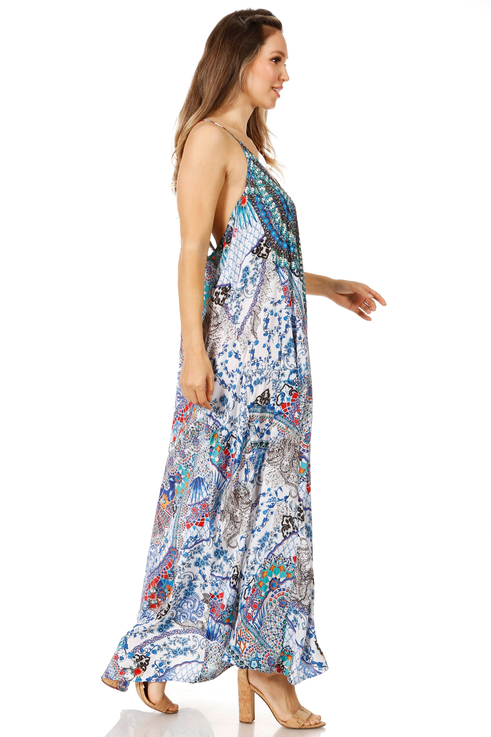 Sakkas Sofia Women's Spaghetti Strap V-neck Floral Print Summer Casual Maxi Dress - Concordia Style Boutique