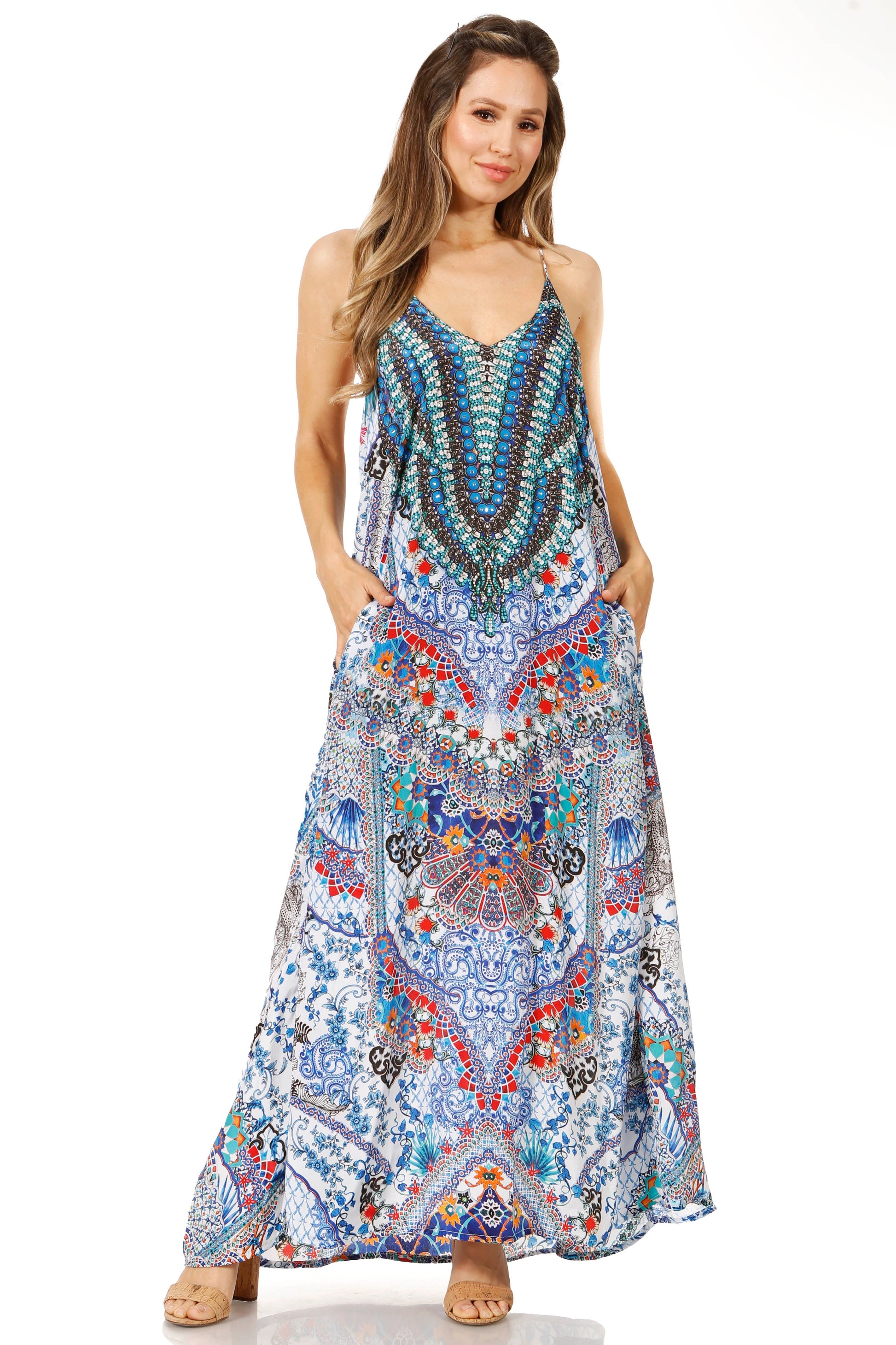 Sakkas Sofia Women's Spaghetti Strap V-neck Floral Print Summer Casual Maxi Dress - Concordia Style Boutique