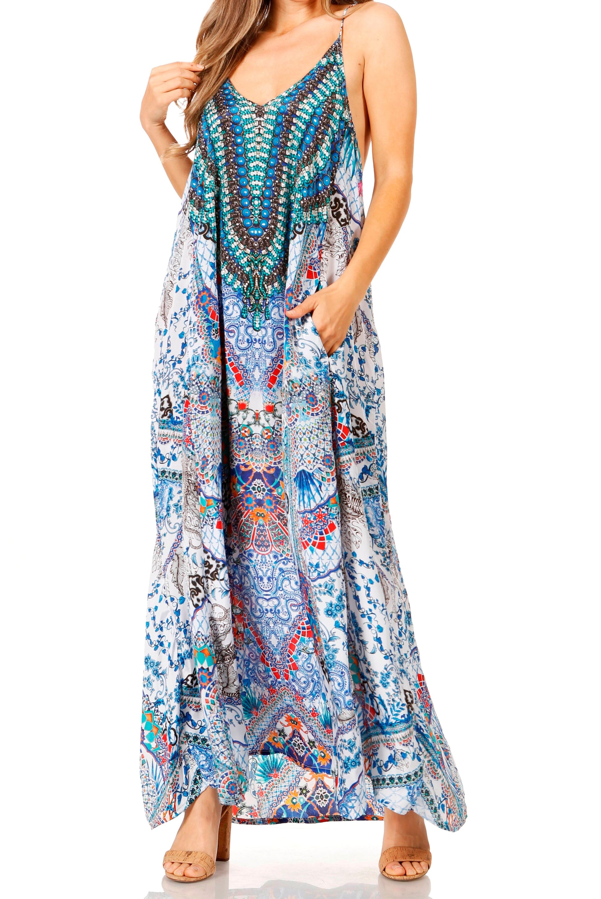 Sakkas Sofia Women's Spaghetti Strap V-neck Floral Print Summer Casual Maxi Dress - Concordia Style Boutique