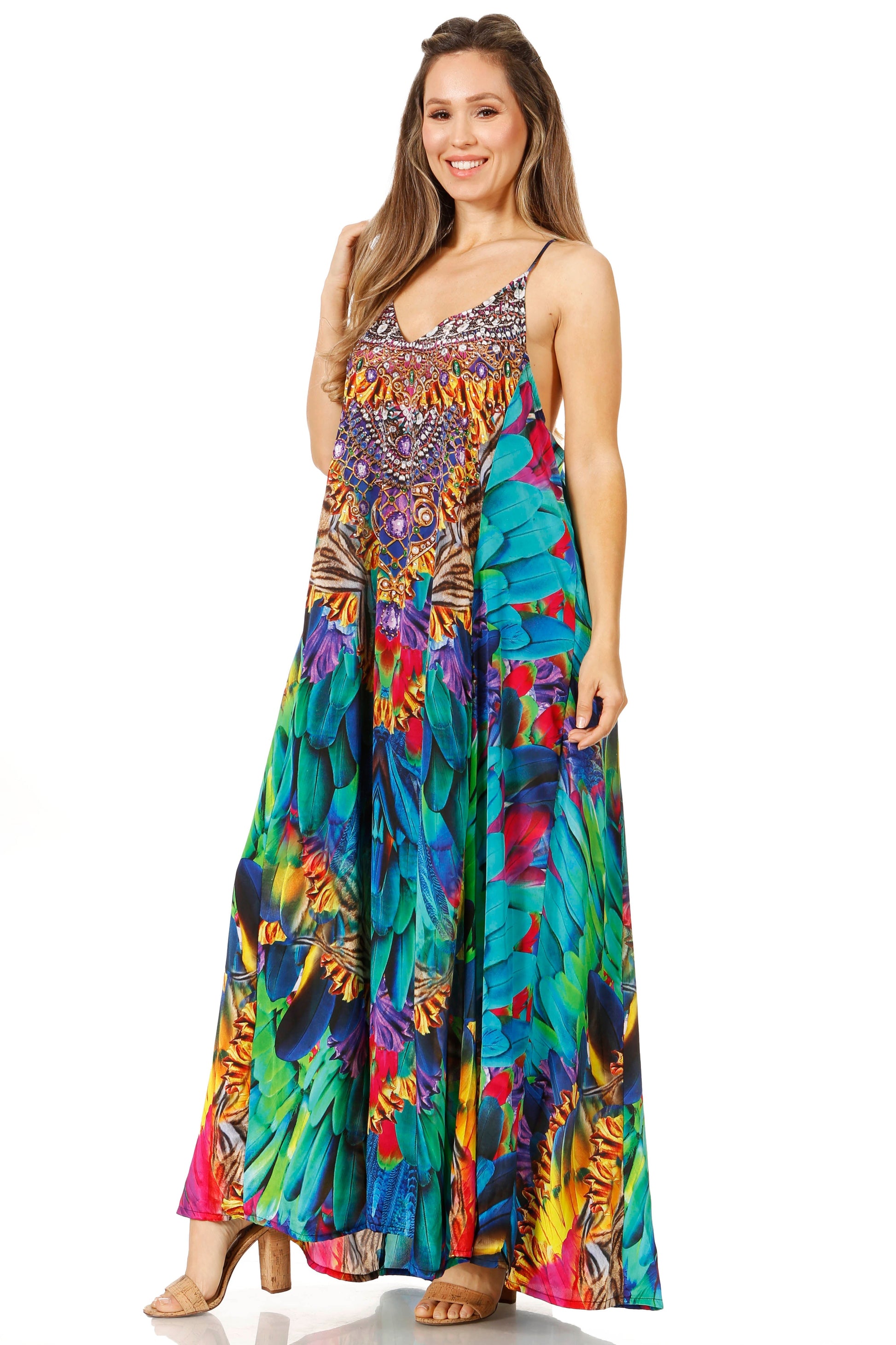 Sakkas Sofia Women's Spaghetti Strap V-neck Floral Print Summer Casual Maxi Dress - Concordia Style Boutique