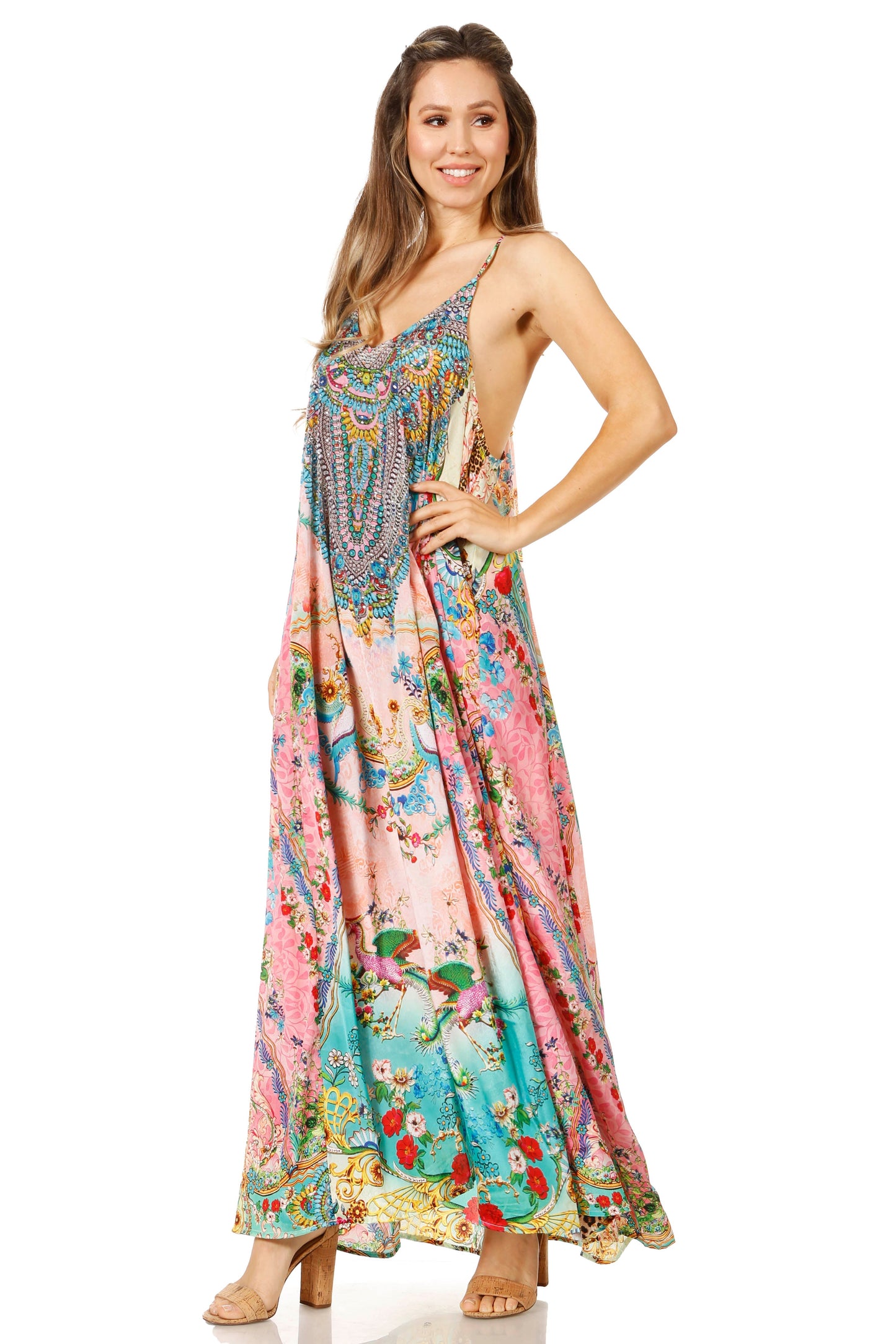 Sakkas Sofia Women's Spaghetti Strap V-neck Floral Print Summer Casual Maxi Dress - Concordia Style Boutique
