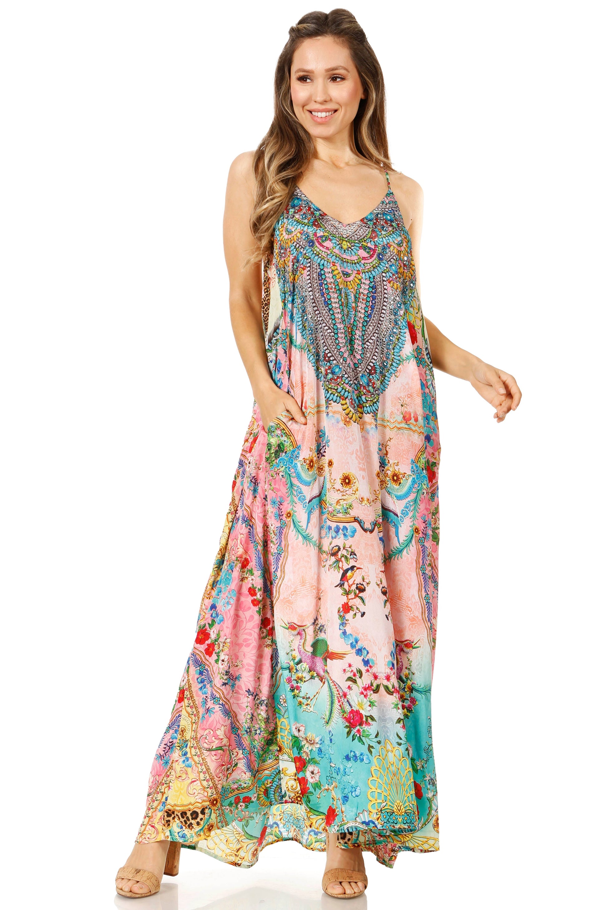 Sakkas Sofia Women's Spaghetti Strap V-neck Floral Print Summer Casual Maxi Dress - Concordia Style Boutique
