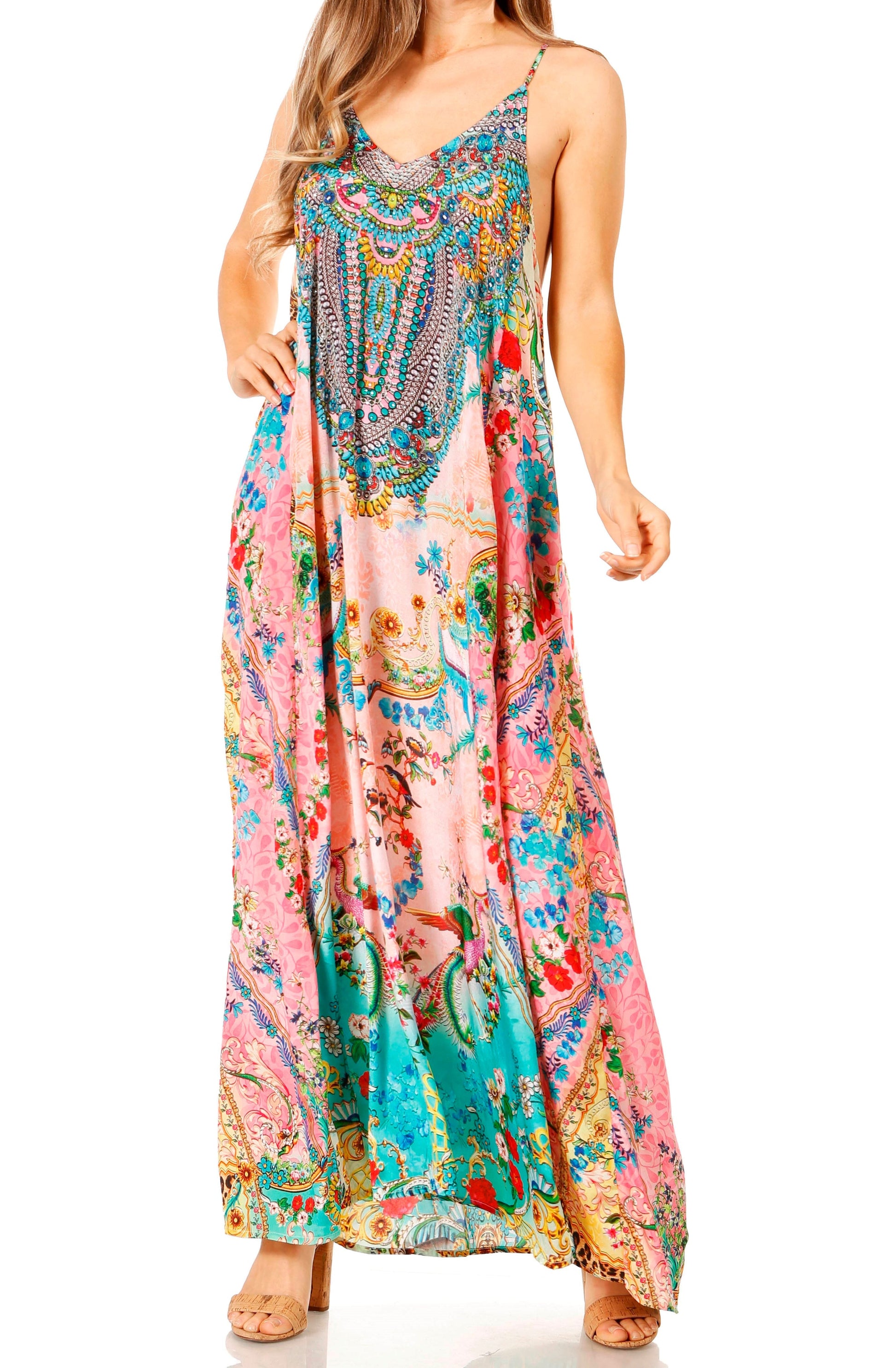 Sakkas Sofia Women's Spaghetti Strap V-neck Floral Print Summer Casual Maxi Dress - Concordia Style Boutique