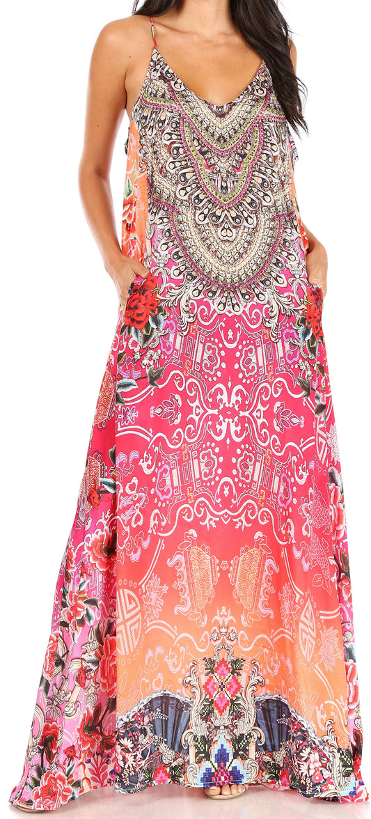 Sakkas Sofia Women's Spaghetti Strap V-neck Floral Print Summer Casual Maxi Dress - Concordia Style Boutique
