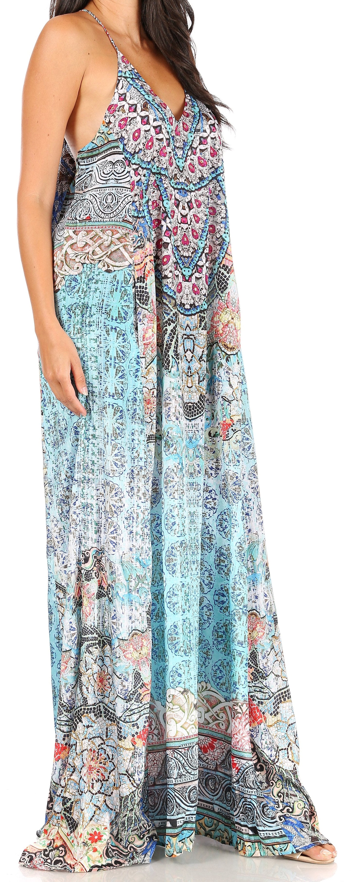 Sakkas Sofia Women's Spaghetti Strap V-neck Floral Print Summer Casual Maxi Dress - Concordia Style Boutique