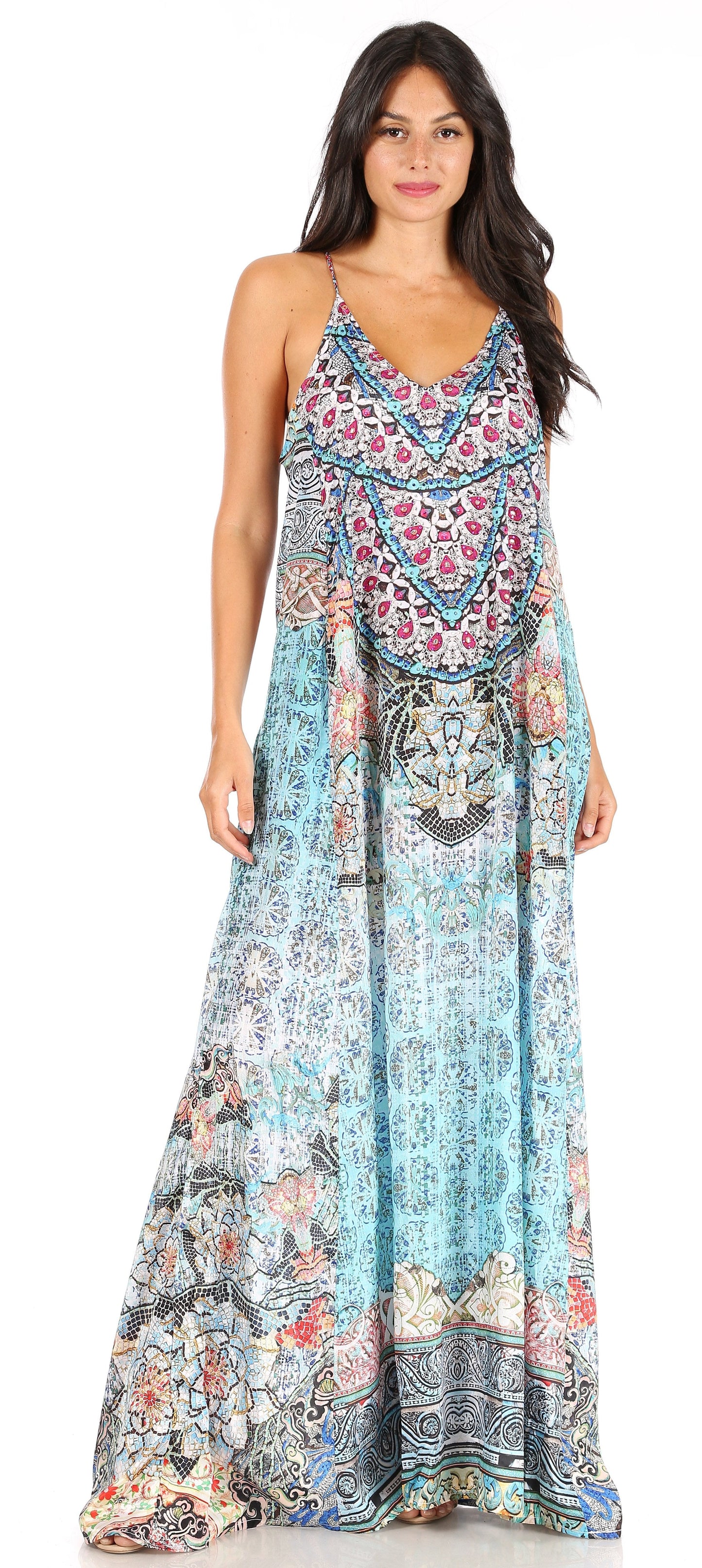 Sakkas Sofia Women's Spaghetti Strap V-neck Floral Print Summer Casual Maxi Dress - Concordia Style Boutique