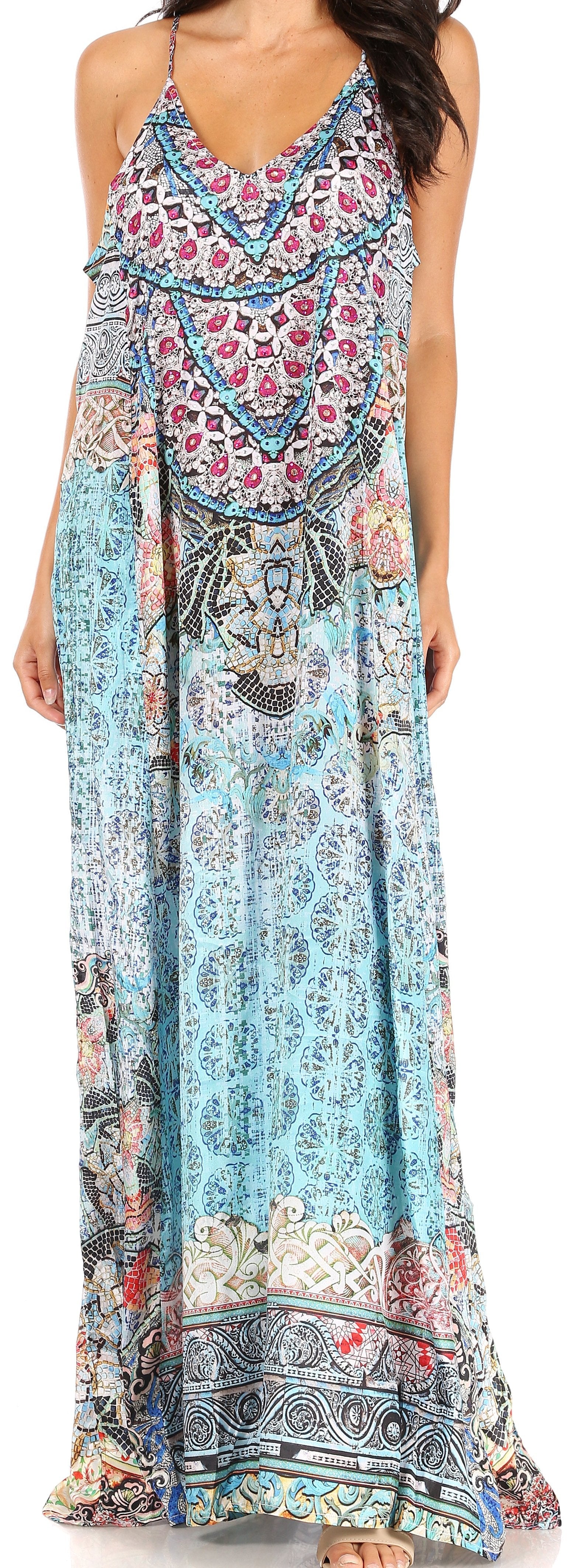 Sakkas Sofia Women's Spaghetti Strap V-neck Floral Print Summer Casual Maxi Dress - Concordia Style Boutique
