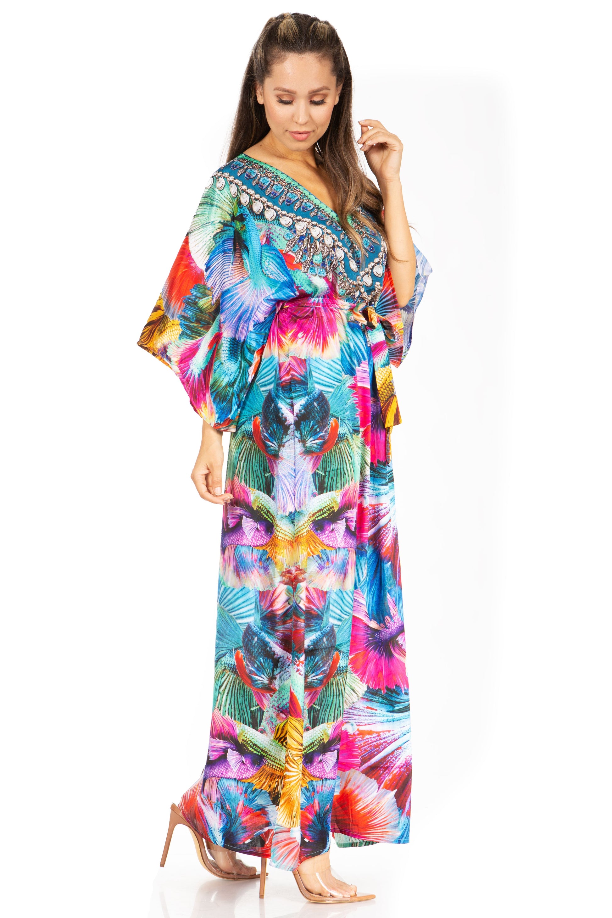 Sakkas Maribel Maxi Caftan Dress - Women's V-Neck, Short Sleeves - Concordia Style Boutique